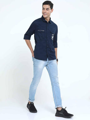 Navy Blue Double Pocket Full Sleeve Shirt - Guniaa Fashions