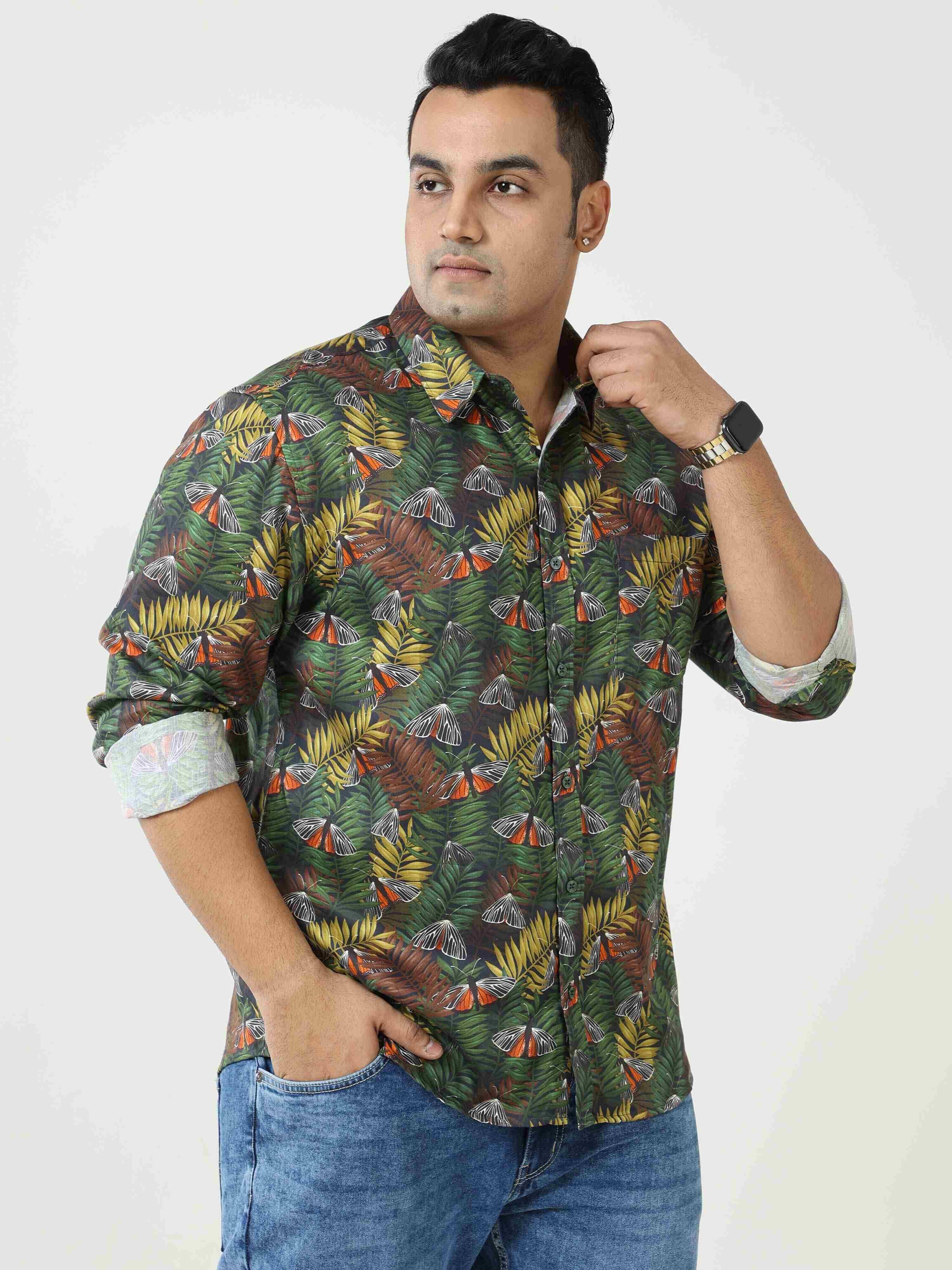 OAK Leaf Butterfly Printed Cotton Full Shirt Men's Plus Size - Guniaa Fashions