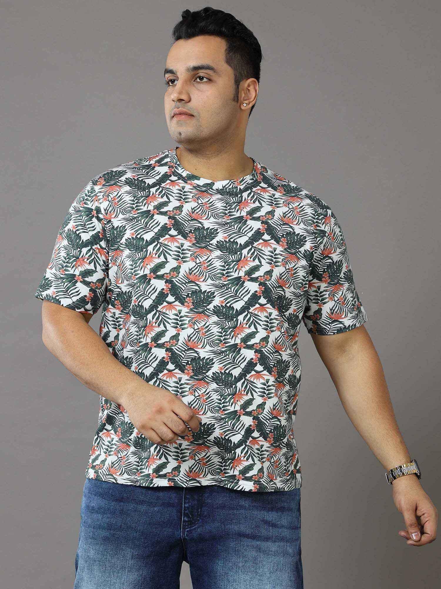 OAK Leaf Green Digital Printed Round Neck T-Shirt Men's Plus Size - Guniaa Fashions