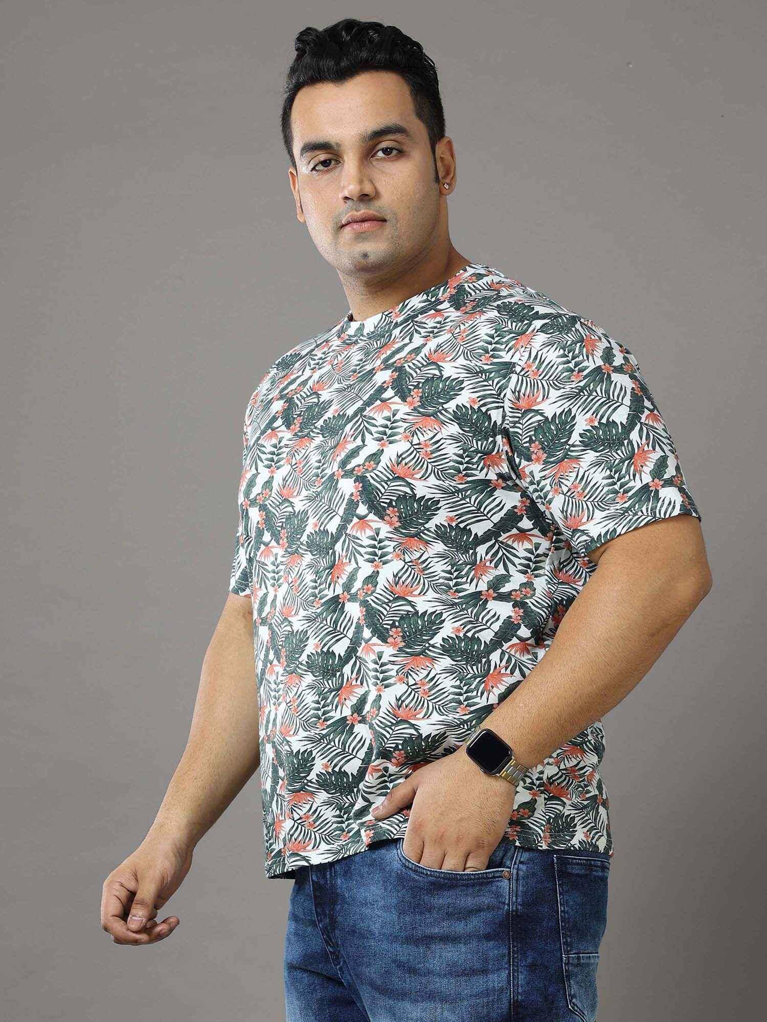 OAK Leaf Green Digital Printed Round Neck T-Shirt Men's Plus Size - Guniaa Fashions