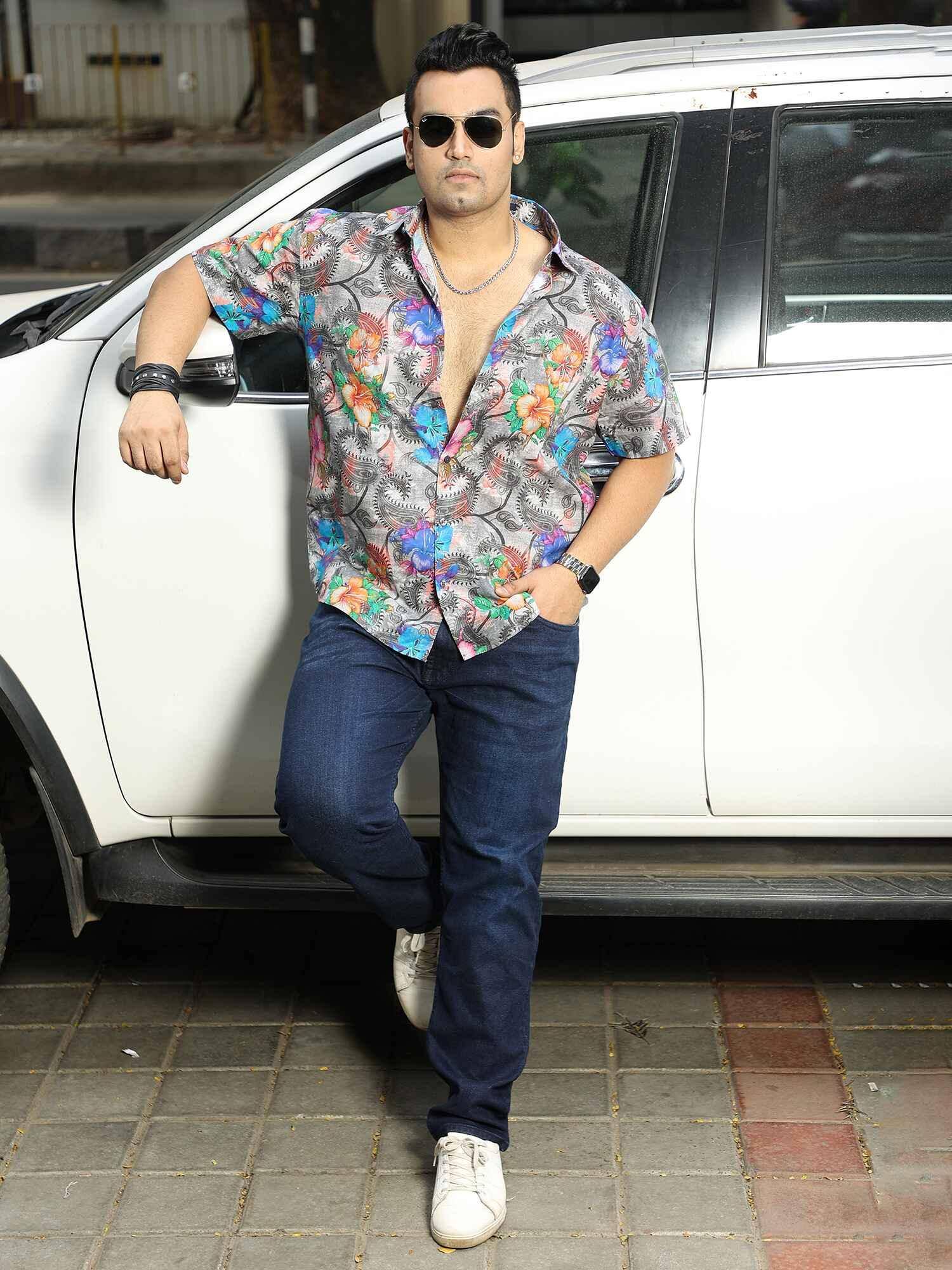 Paisley Floral Print Party Wear Half Shirt Men's Plus Size - Guniaa Fashions