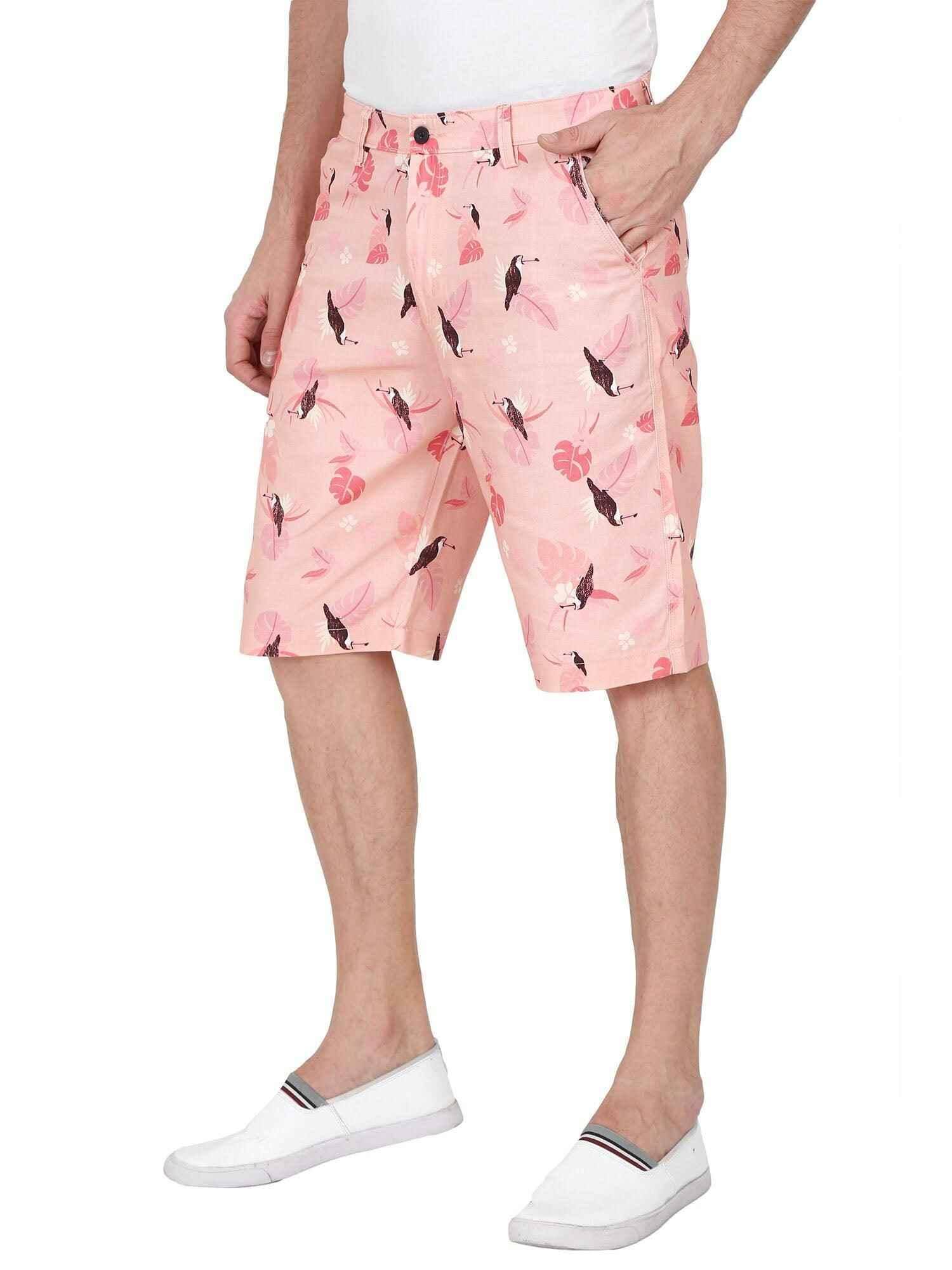 Peach Men Bird Printed Cotton Shorts - Guniaa Fashions