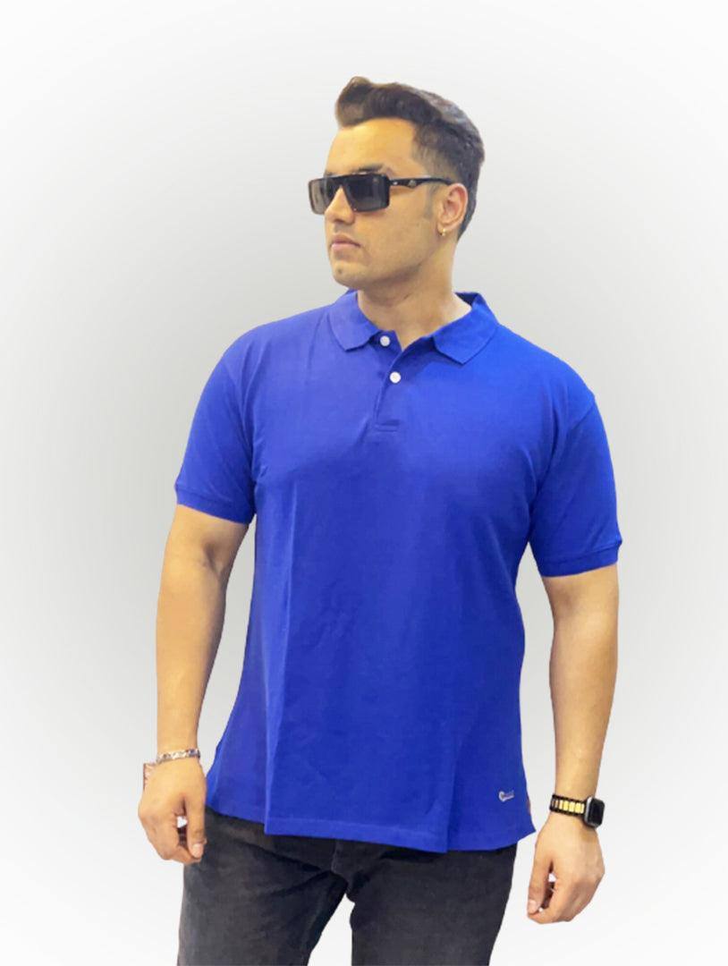 Peacock Blue Solid Polo Collar Pure Cotton T-SHIRT Men's Plus Size - Guniaa Fashions