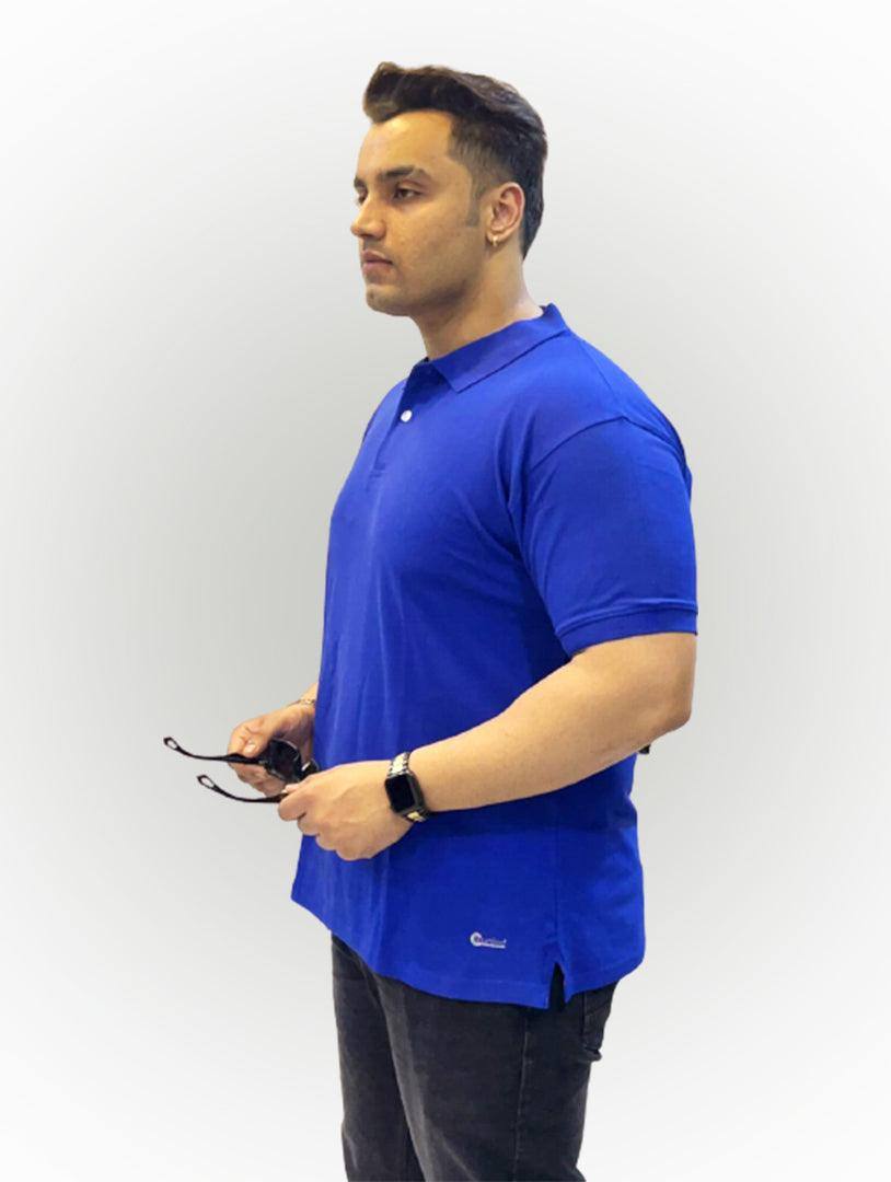 Peacock Blue Solid Polo Collar Pure Cotton T-SHIRT Men's Plus Size - Guniaa Fashions