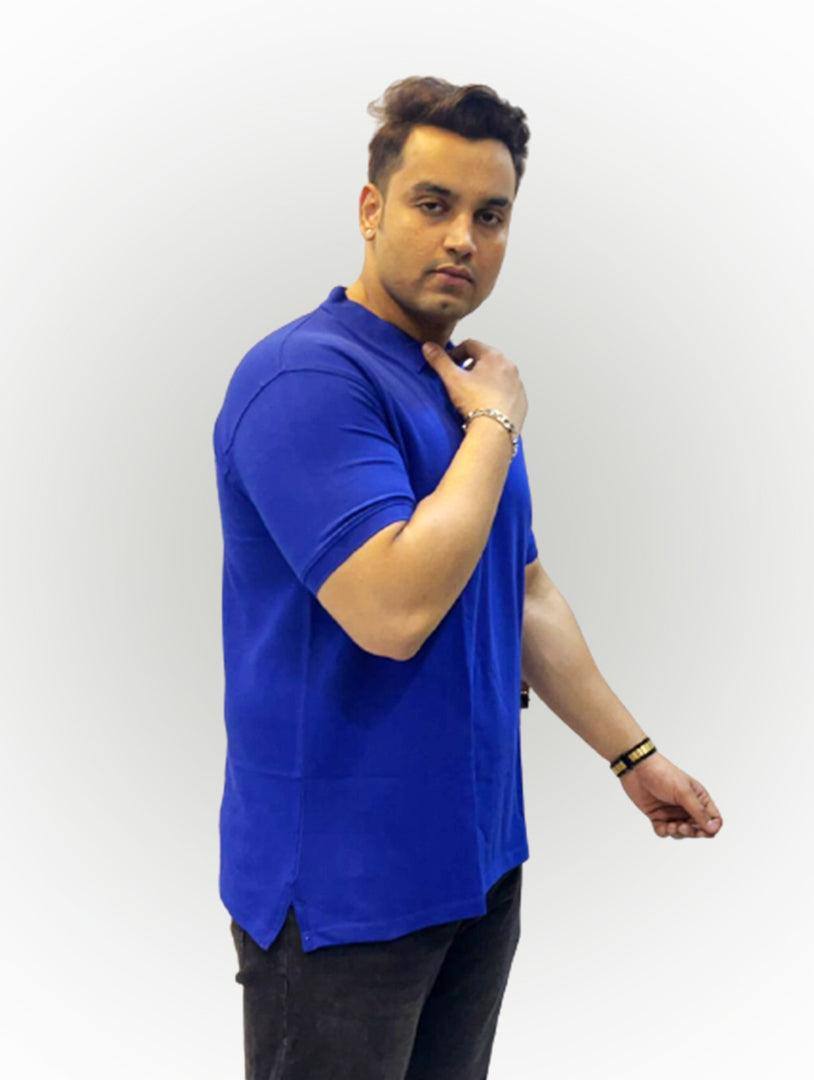 Peacock Blue Solid Polo Collar Pure Cotton T-SHIRT Men's Plus Size - Guniaa Fashions