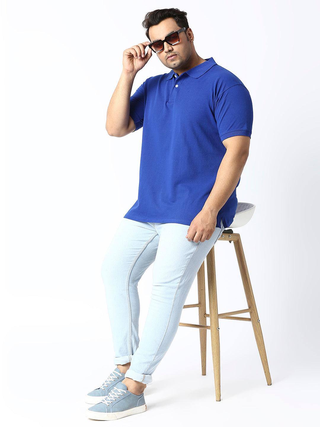 Peacock Blue Solid Polo Collar Pure Cotton T-SHIRT Men's Plus Size - Guniaa Fashions