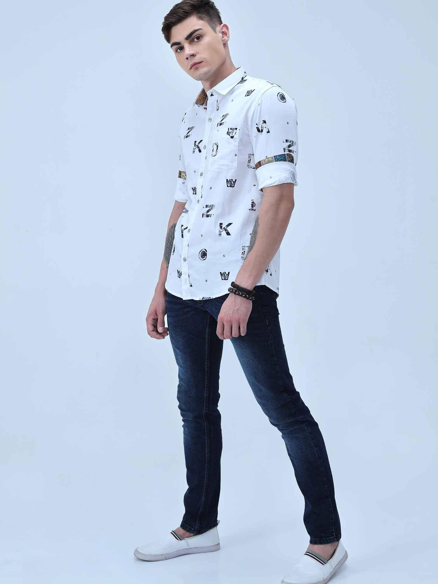 Premium- A2Z Black & White Printed Full Shirt - Guniaa Fashions