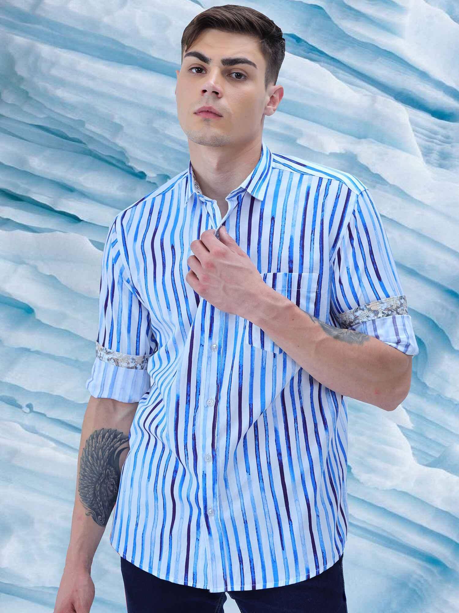 Premium - Cobalt Candy Striped Formal Wear Full Shirt Men's Plus Size - Guniaa Fashions