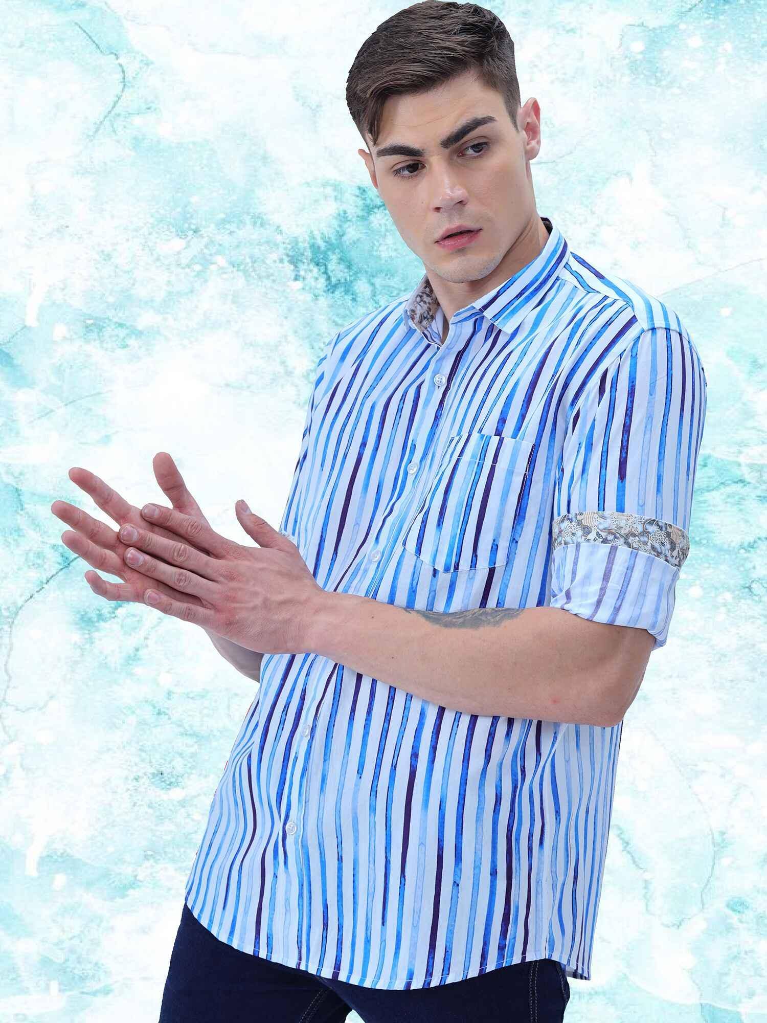 Premium - Cobalt Candy Striped Formal Wear Full Shirt Men's Plus Size - Guniaa Fashions