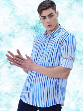 Premium - Cobalt Candy Striped Formal Wear Full Shirt Men's Plus Size - Guniaa Fashions