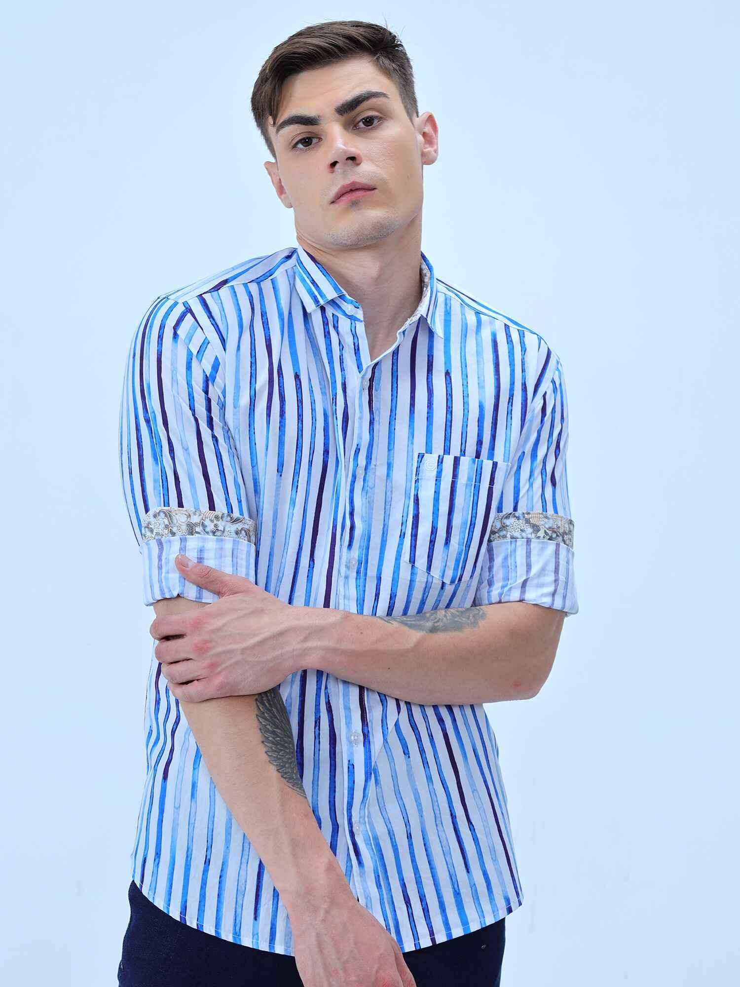 Premium - Cobalt Candy Striped Formal Wear Full Shirt Men's Plus Size - Guniaa Fashions