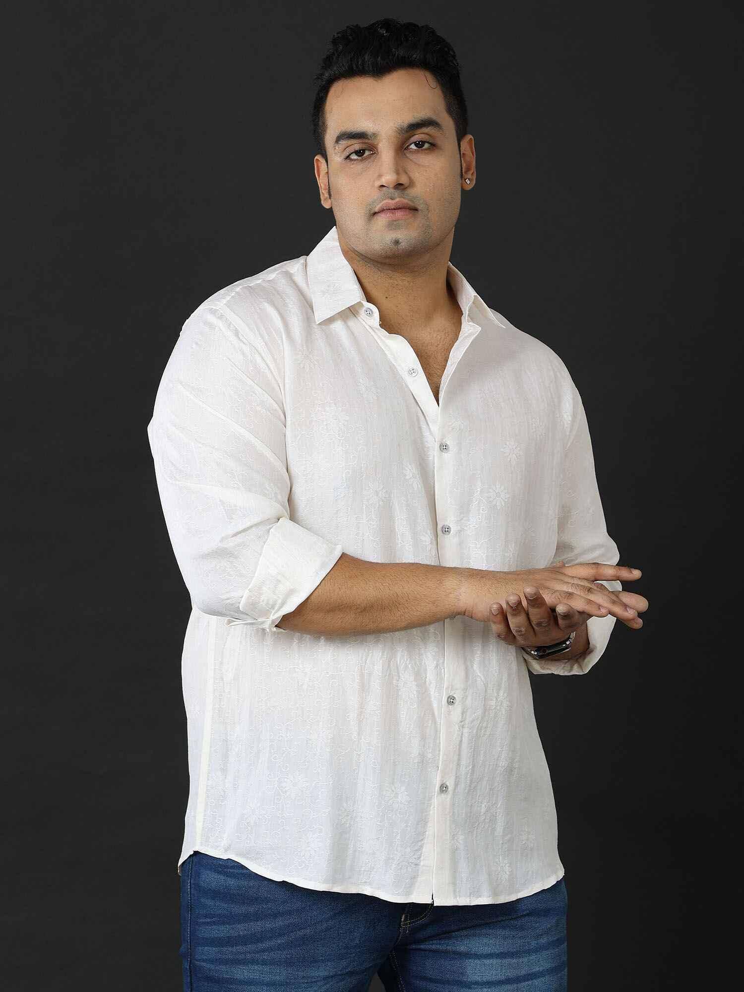 Premium Pearl White Jacquard Silk Full Shirt Men's Plus size - Guniaa Fashions