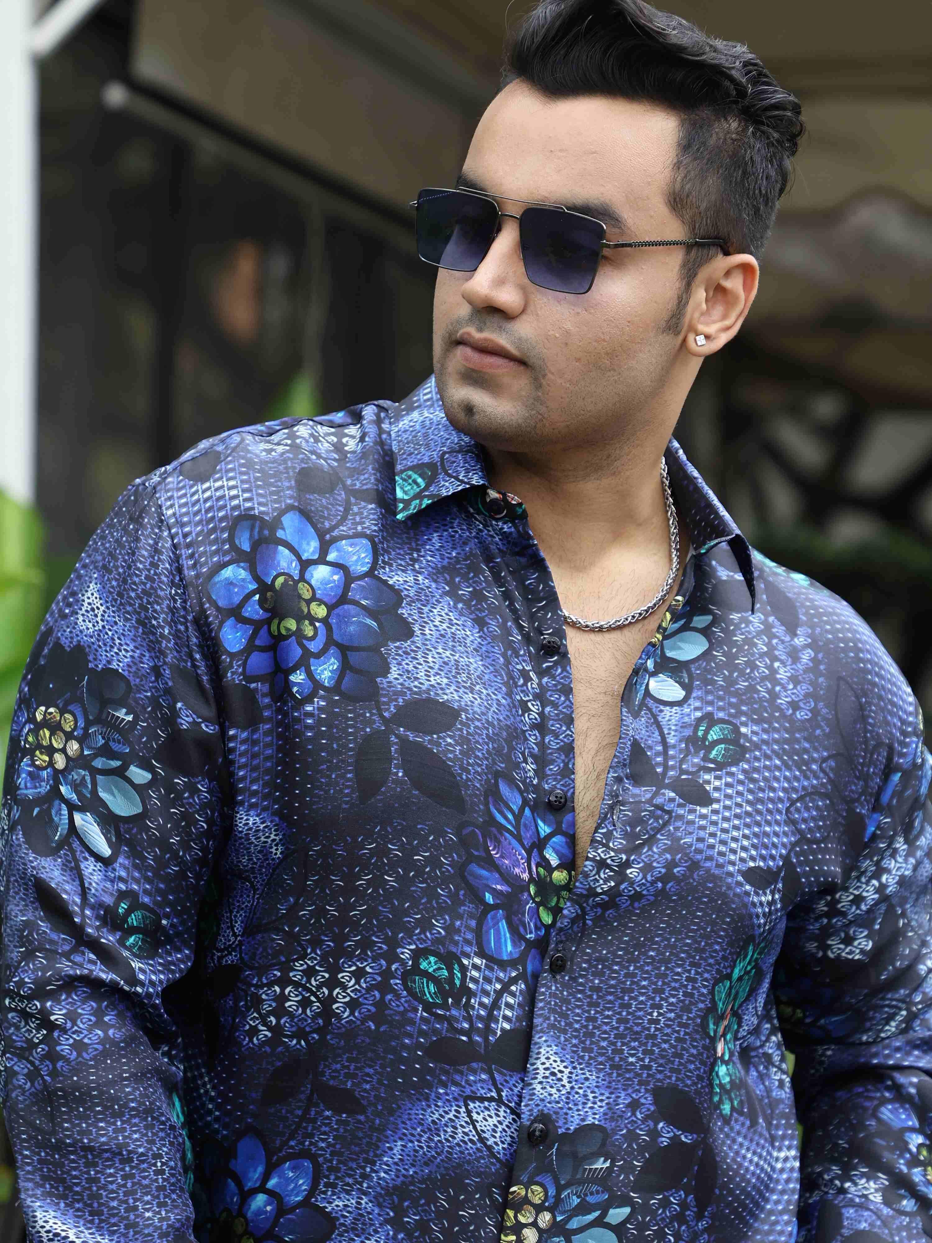 Purple Garden Floral Printed Silk Full Shirt Men's Plus Size - Guniaa Fashions