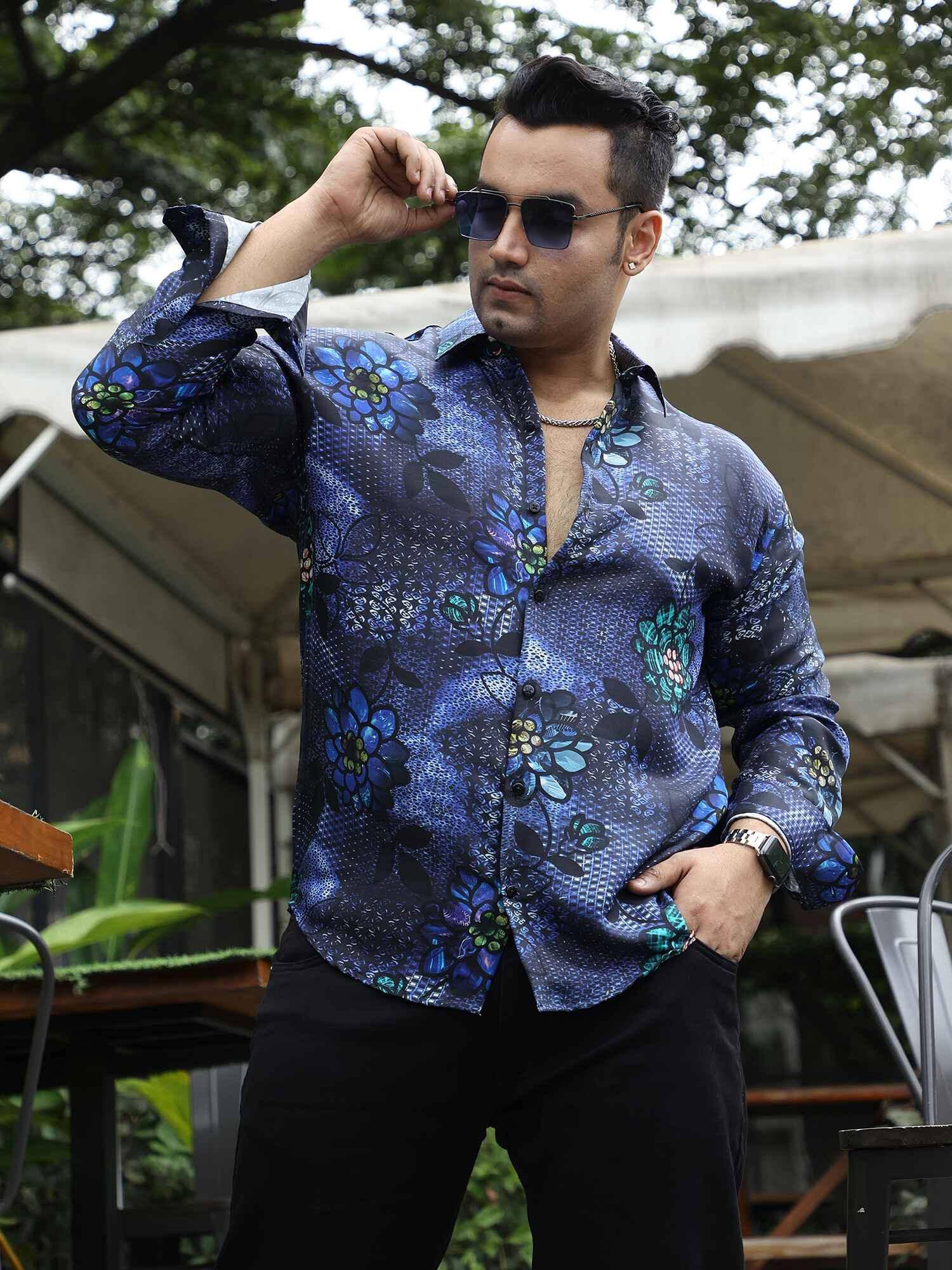 Purple Garden Floral Printed Silk Full Shirt Men's Plus Size - Guniaa Fashions
