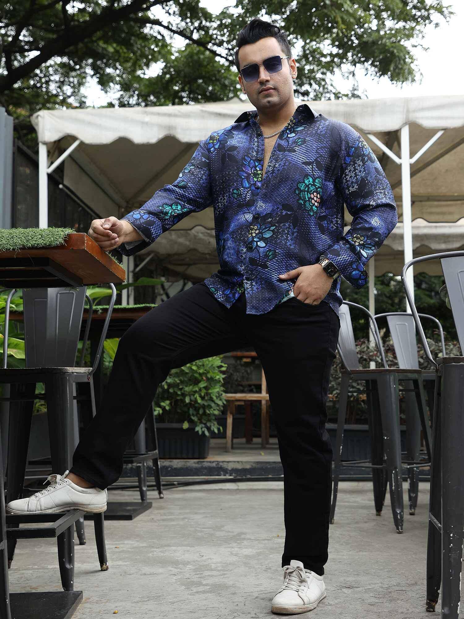 Purple Garden Floral Printed Silk Full Shirt Men's Plus Size - Guniaa Fashions