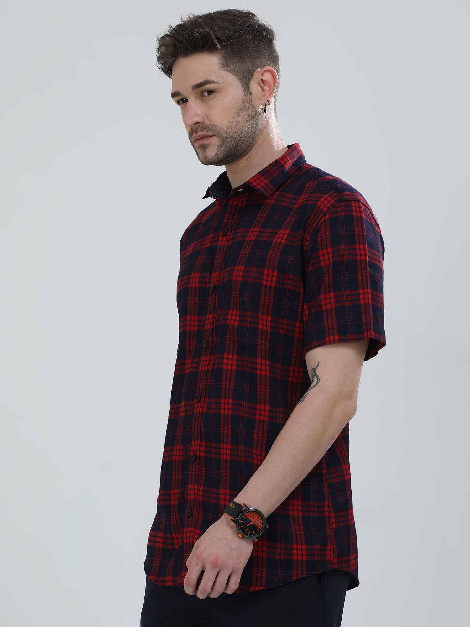 Red and Blue Indigo Cotton Check Half Shirt Men's Plus Size - Guniaa Fashions