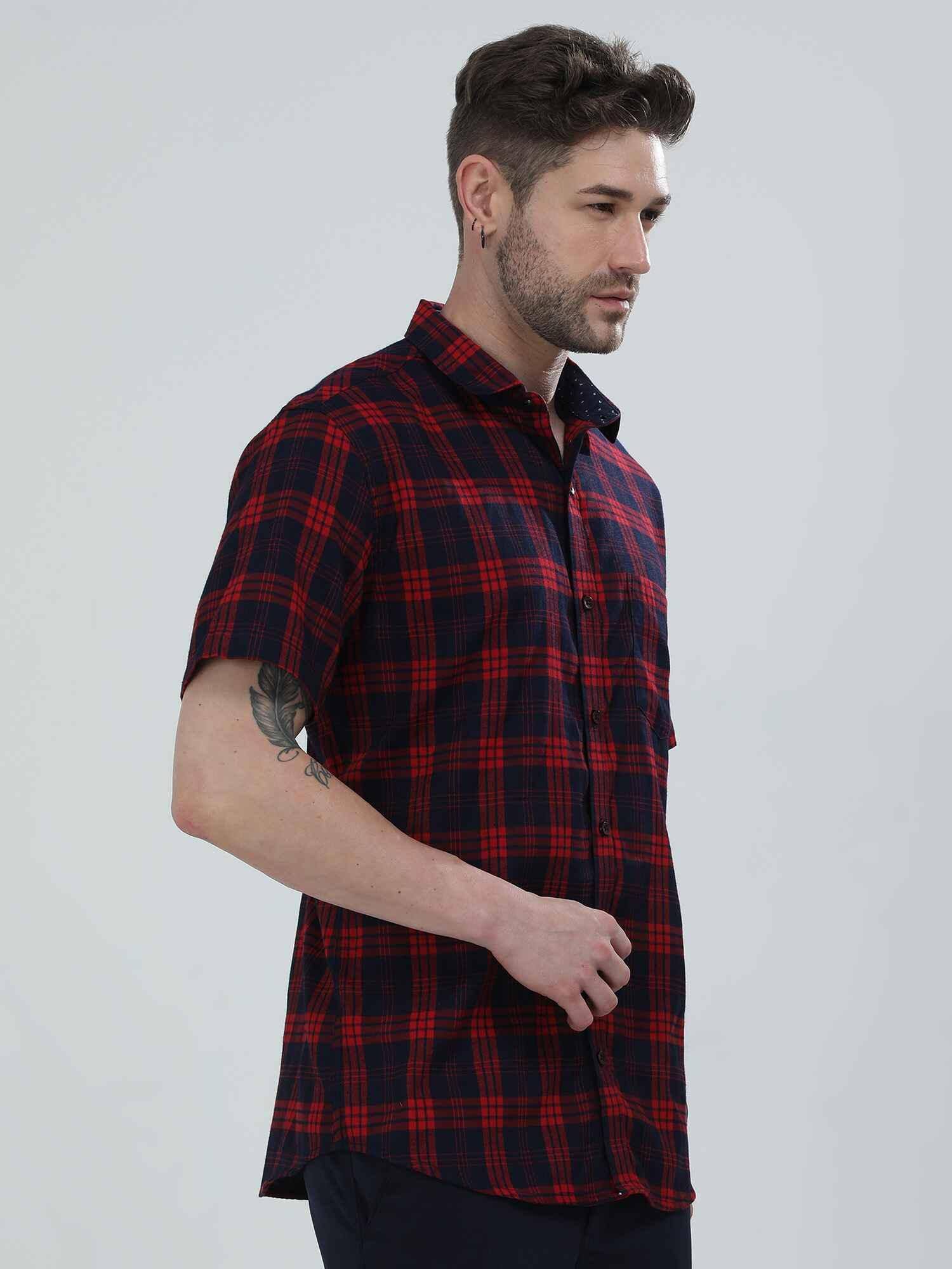 Red and Blue Indigo Cotton Check Half Shirt Men's Plus Size - Guniaa Fashions