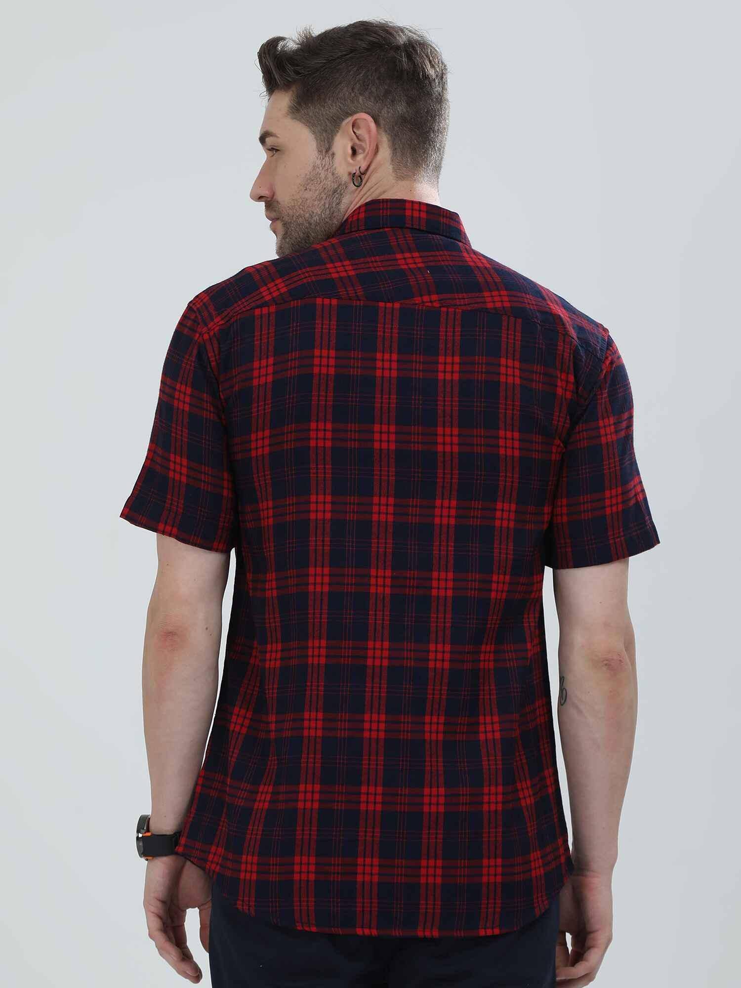 Red and Blue Indigo Cotton Check Half Shirt Men's Plus Size - Guniaa Fashions