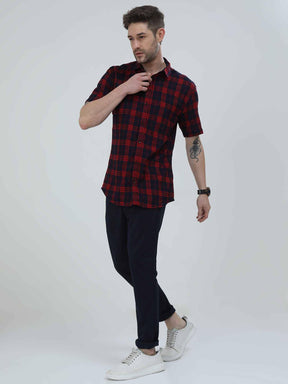 Red and Blue Indigo Cotton Check Half Shirt Men's Plus Size - Guniaa Fashions