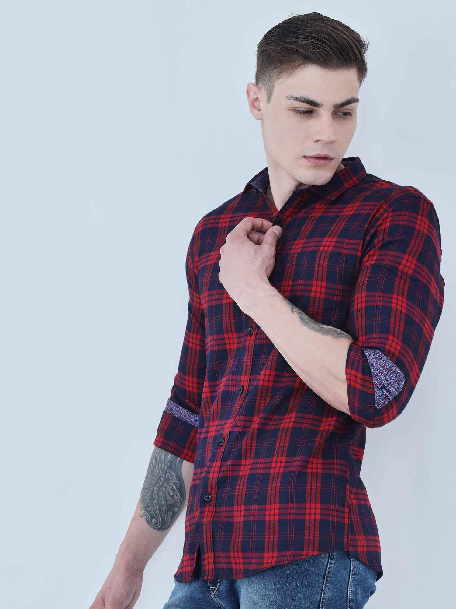 Red and blue Indigo cotton check shirt - Guniaa Fashions