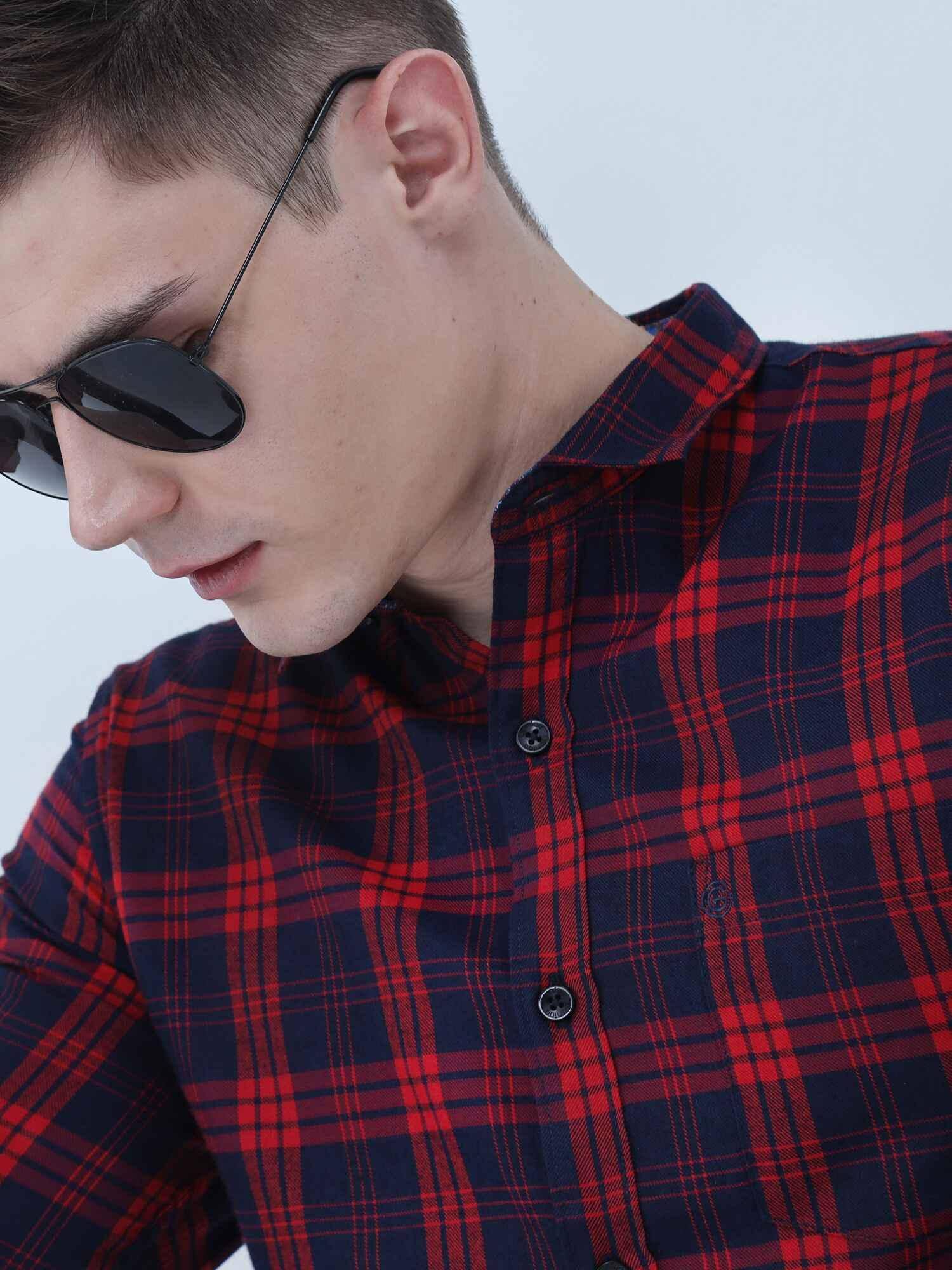 Red and blue Indigo cotton check shirt - Guniaa Fashions