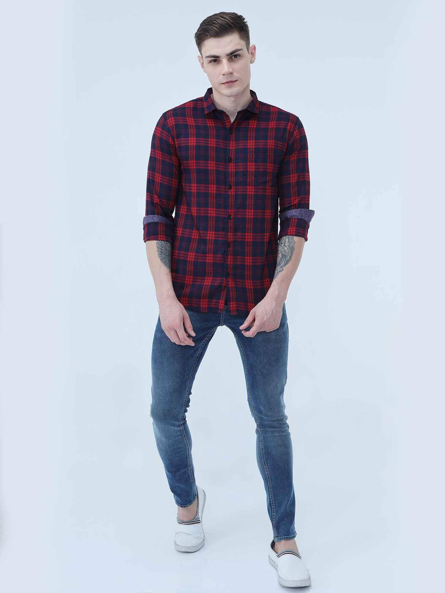 Red and blue Indigo cotton check shirt - Guniaa Fashions