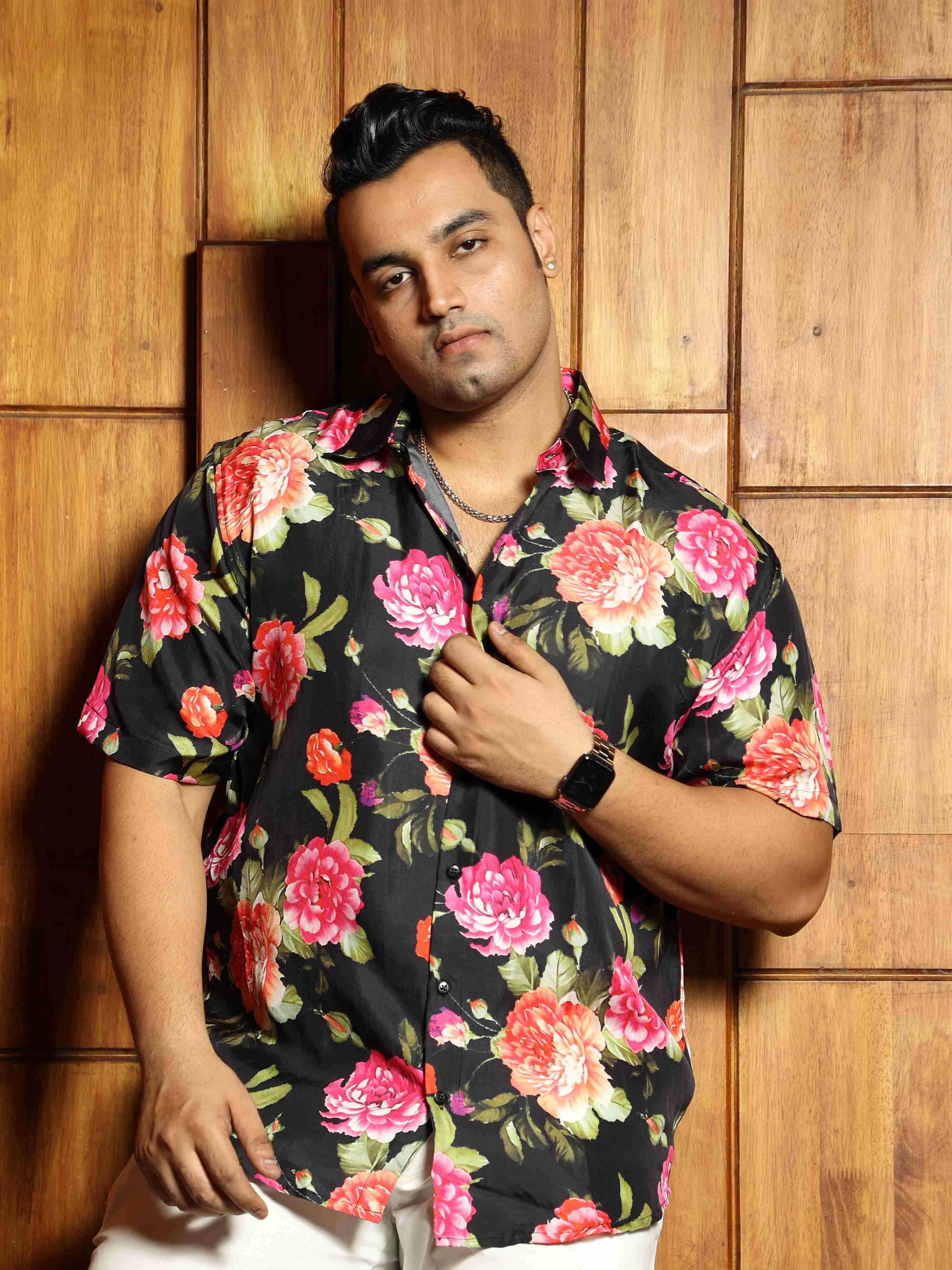 Rose on Night Printed Silk Half Shirt Men's Plus Size - Guniaa Fashions