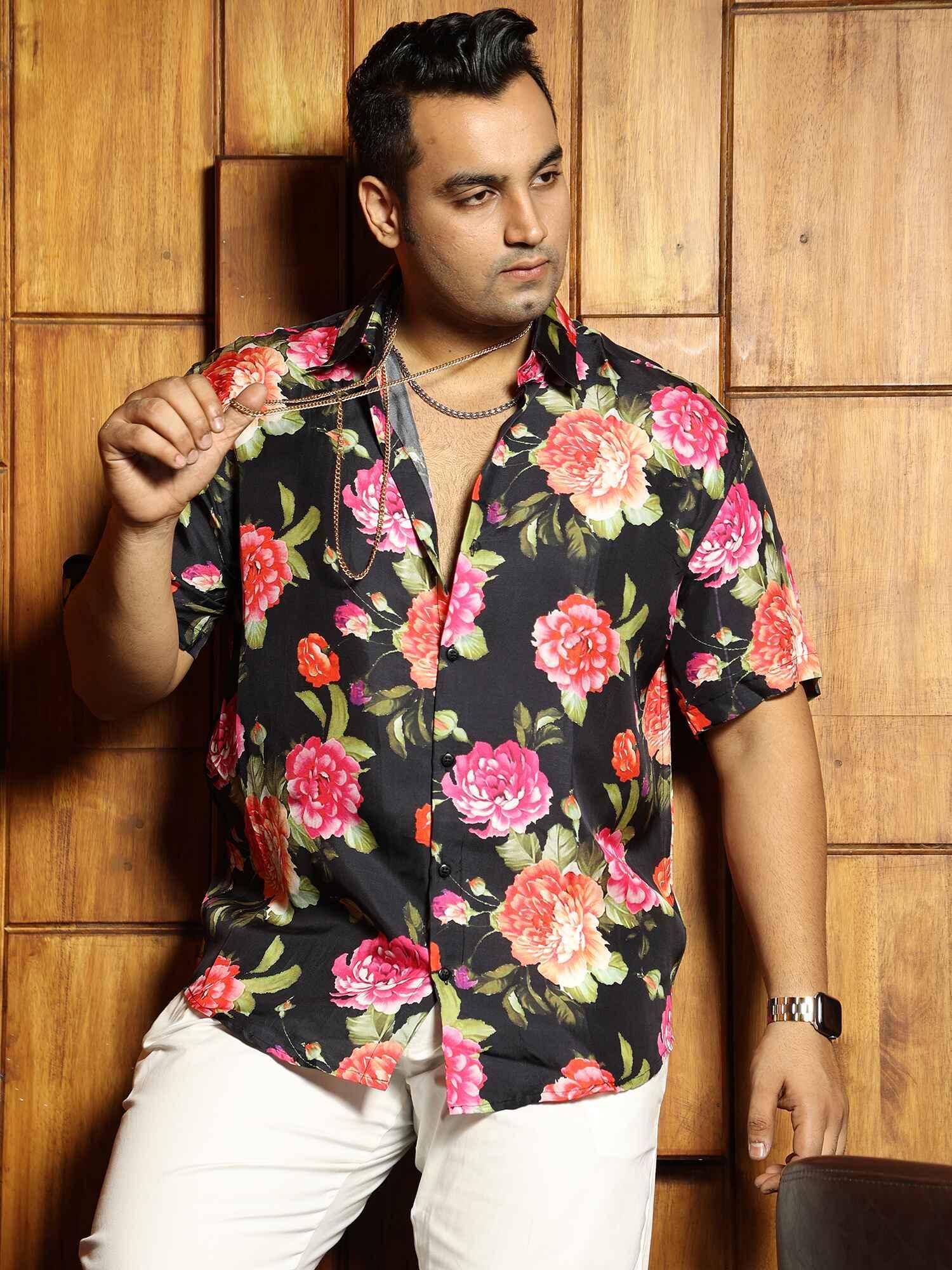 Rose on Night Printed Silk Half Shirt Men's Plus Size - Guniaa Fashions