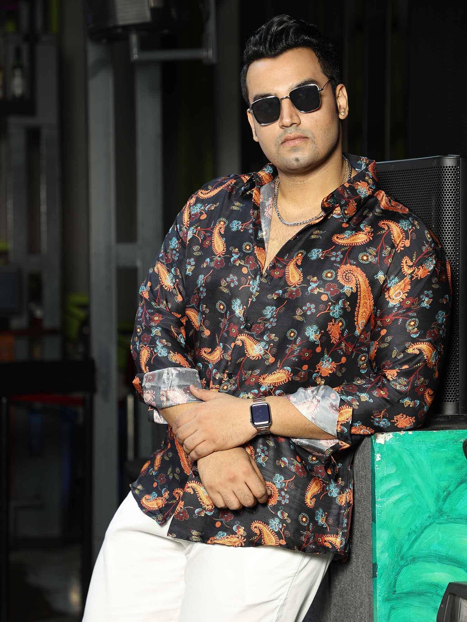 Royal Festive Floral Printed Silk Full Shirt Men's Plus Size - Guniaa Fashions