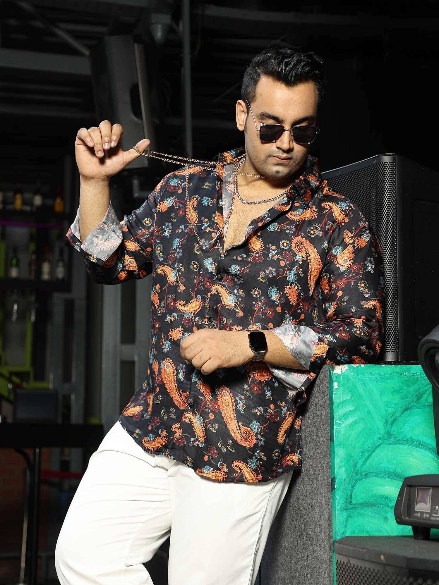 Royal Festive Floral Printed Silk Full Shirt Men's Plus Size - Guniaa Fashions