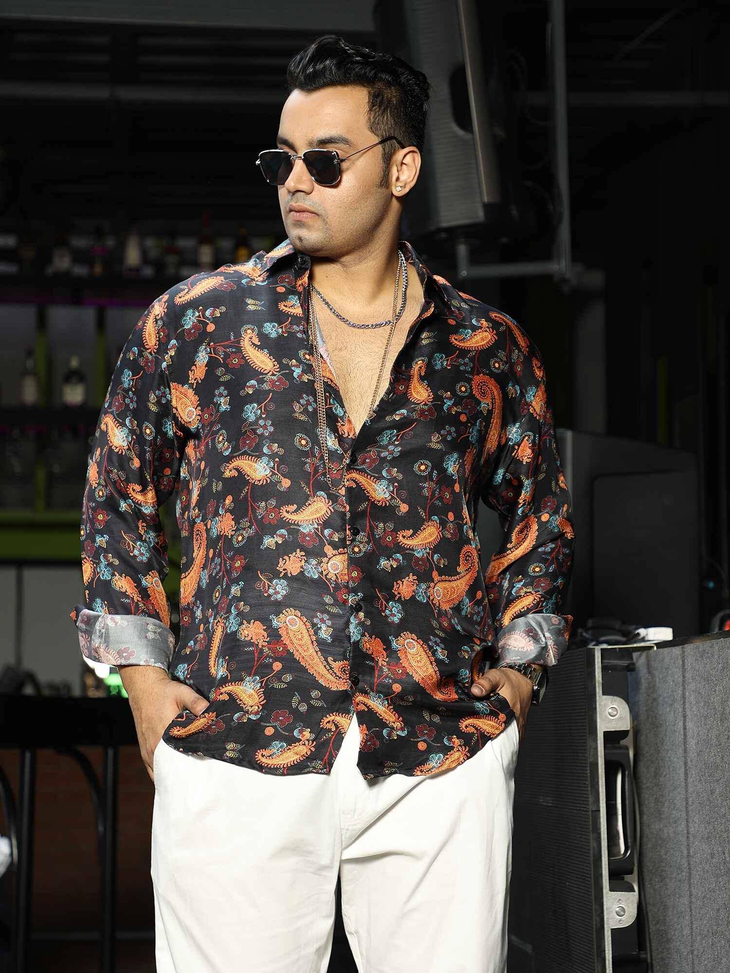Royal Festive Floral Printed Silk Full Shirt Men's Plus Size - Guniaa Fashions