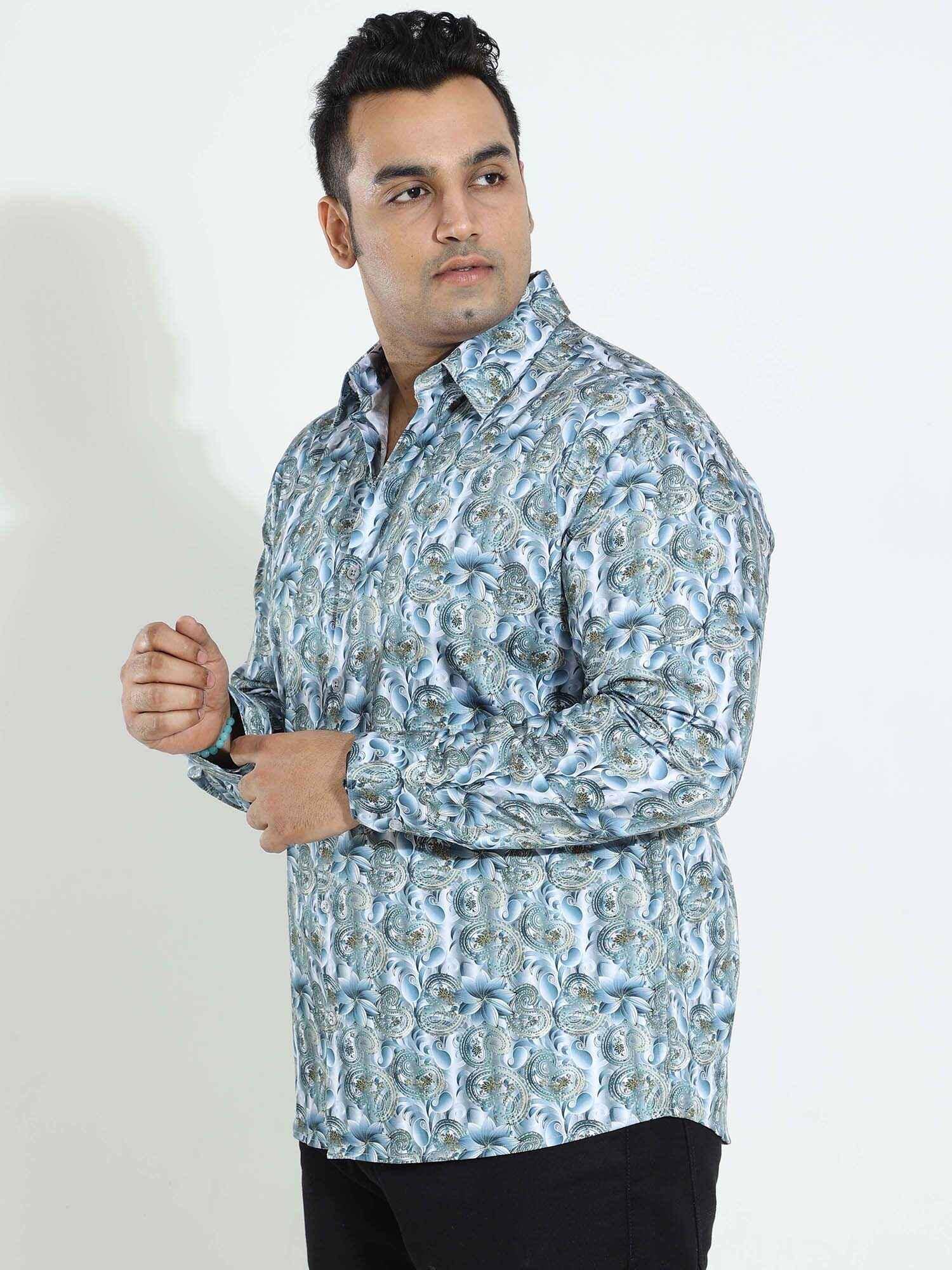 Royal White Blue Diamond Printed Silk Full Shirt Men's Plus Size - Guniaa Fashions