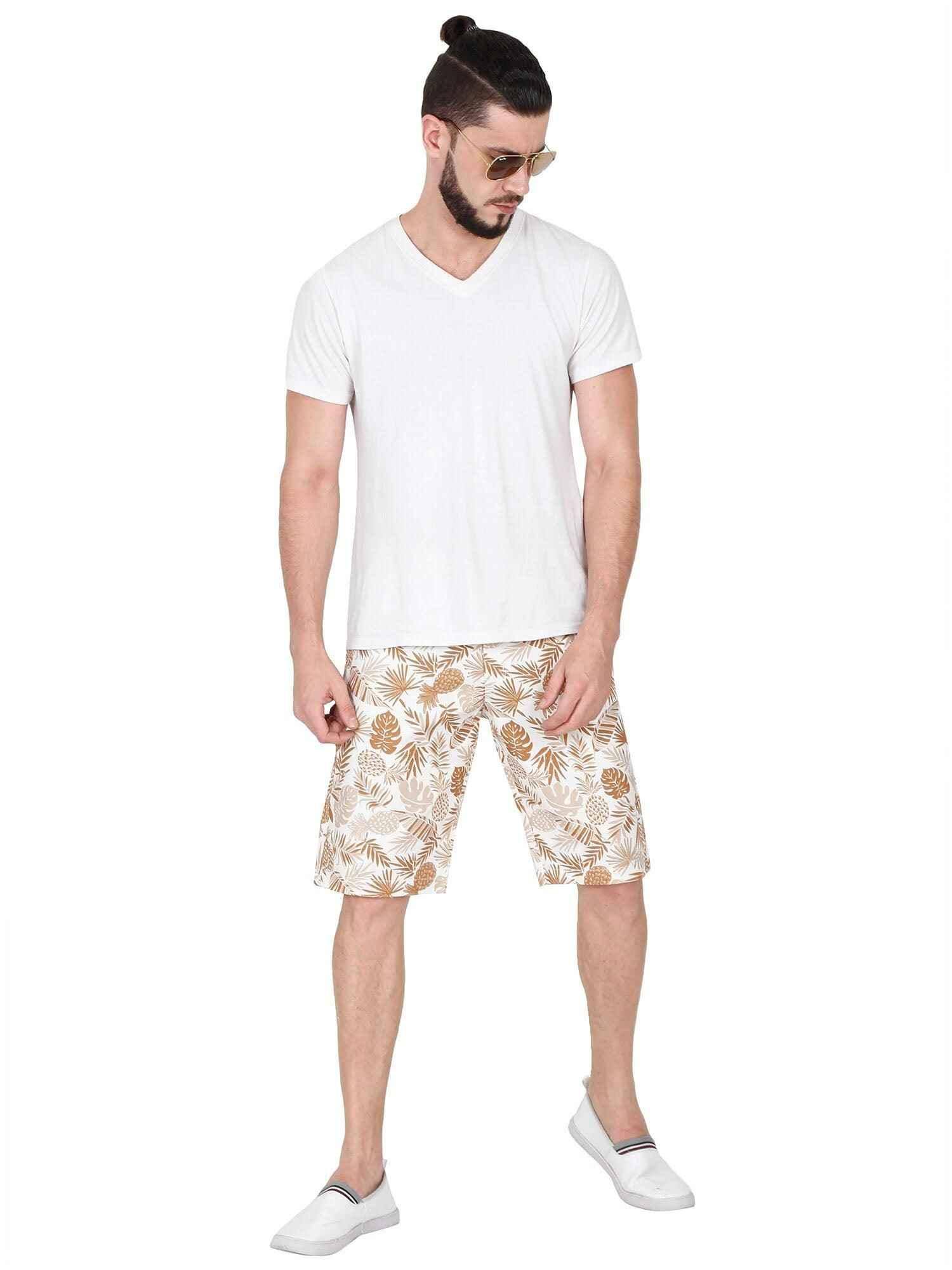 Rusty Men Tropical Leaf Printed Cotton Shorts - Guniaa Fashions