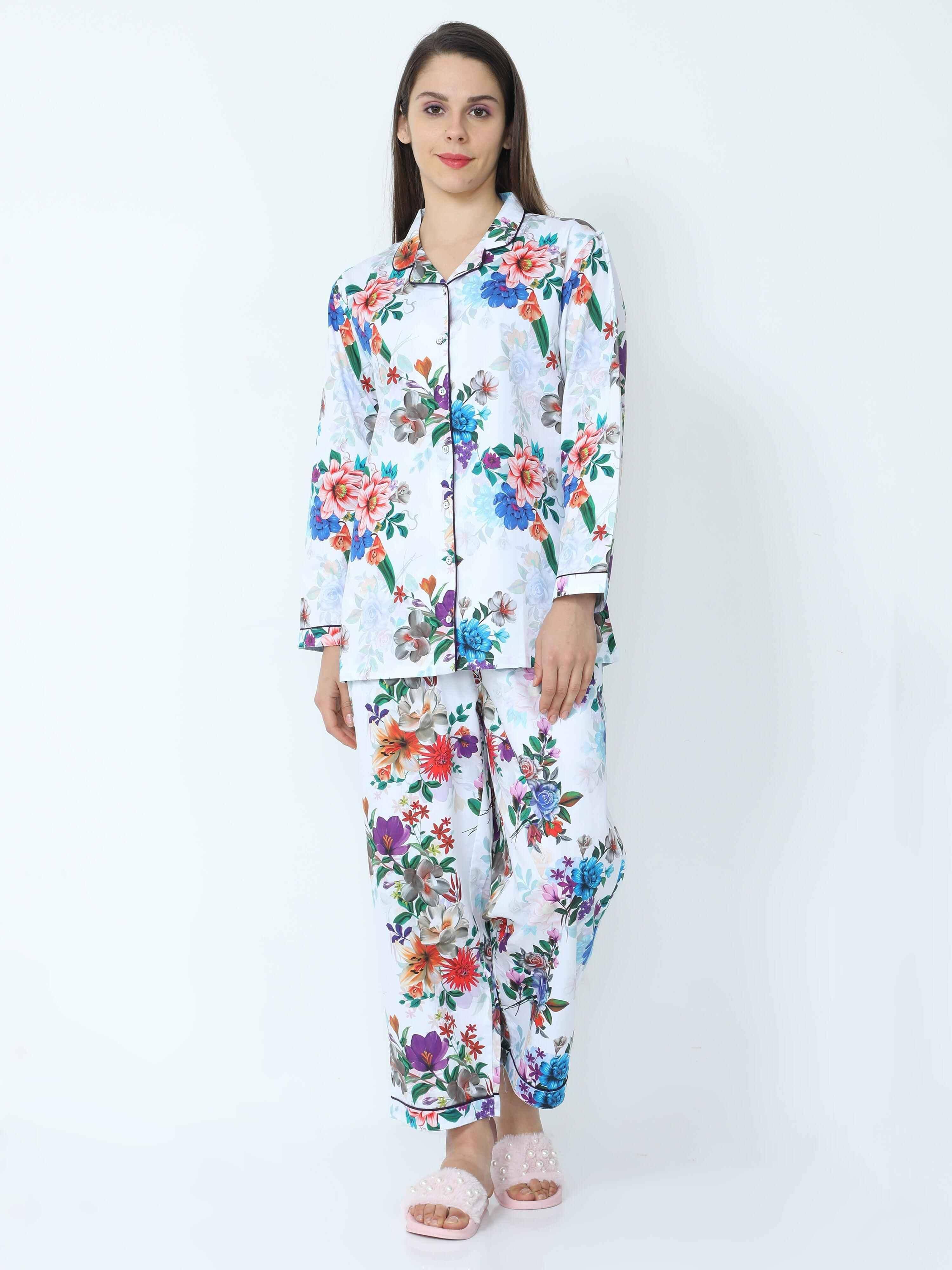 Shadow White Floral Printed Night Suit Set - Guniaa Fashions