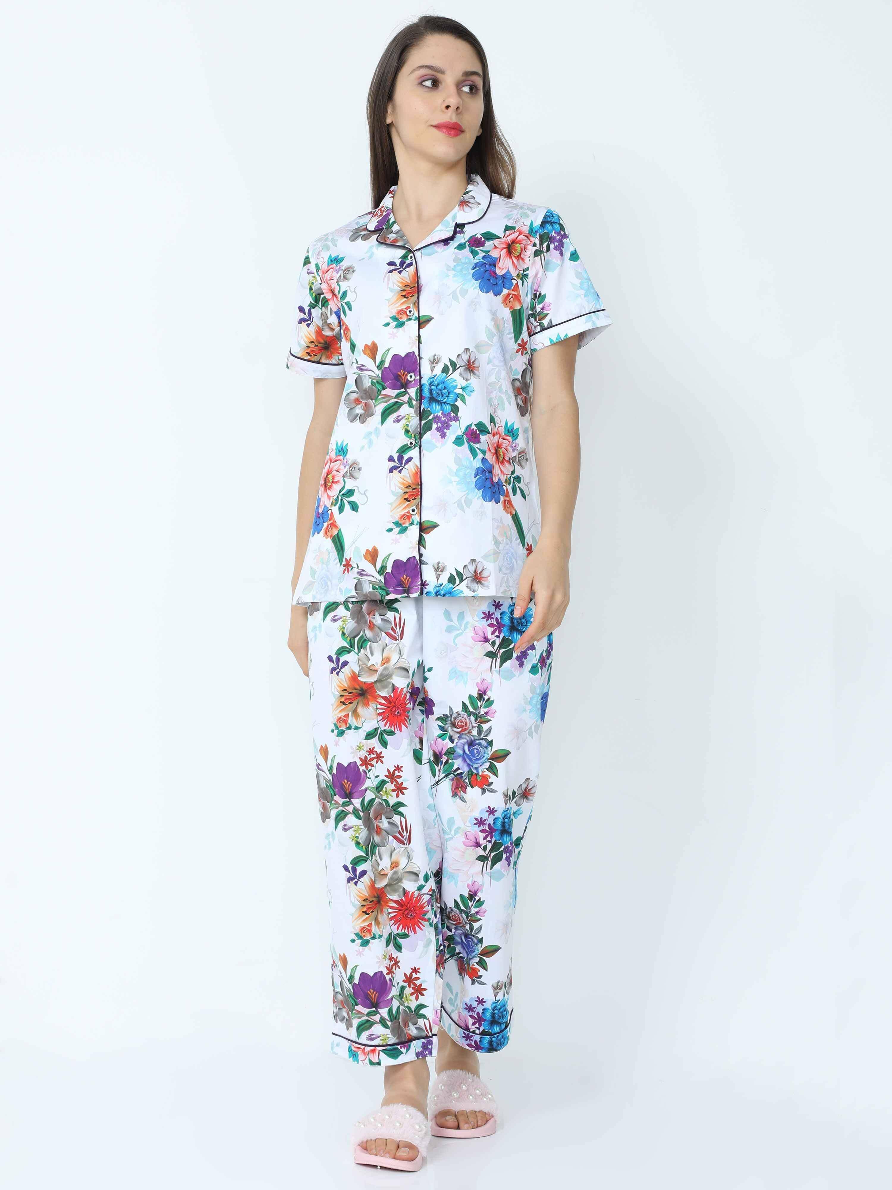 Shadow White Floral Printed Night Suit Set - Guniaa Fashions