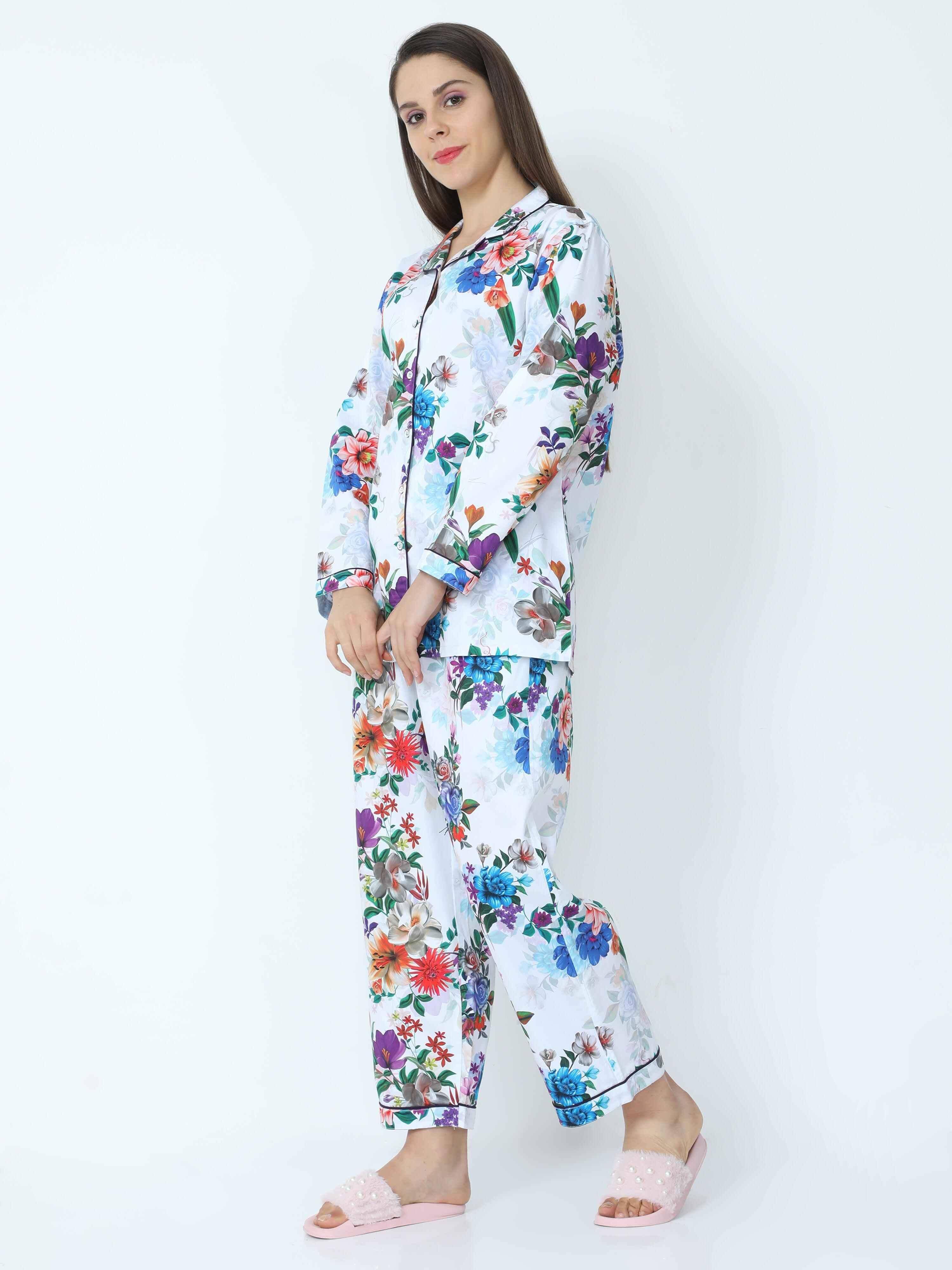 Shadow White Floral Printed Night Suit Set - Guniaa Fashions