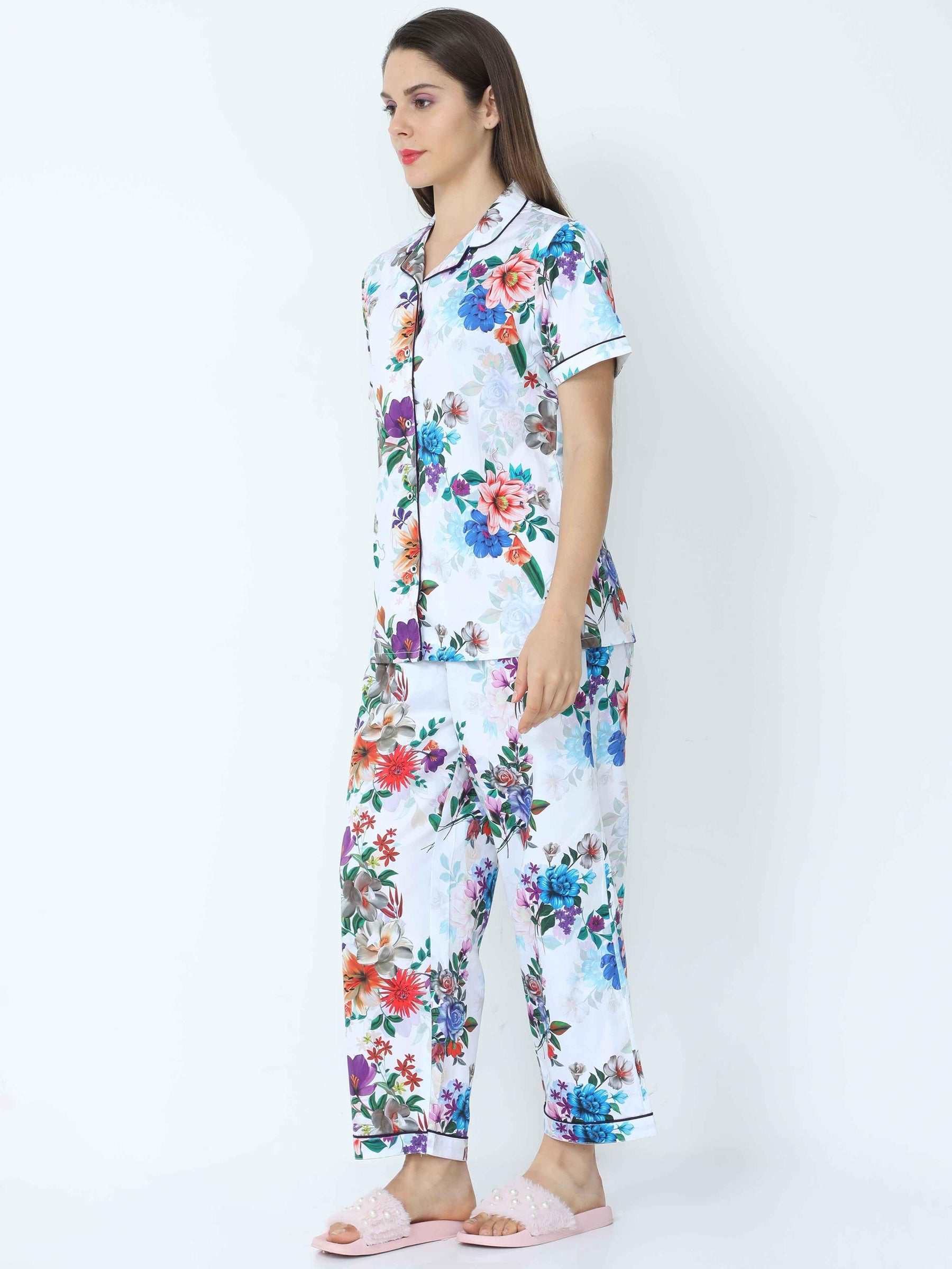 Shadow White Floral Printed Night Suit Set - Guniaa Fashions