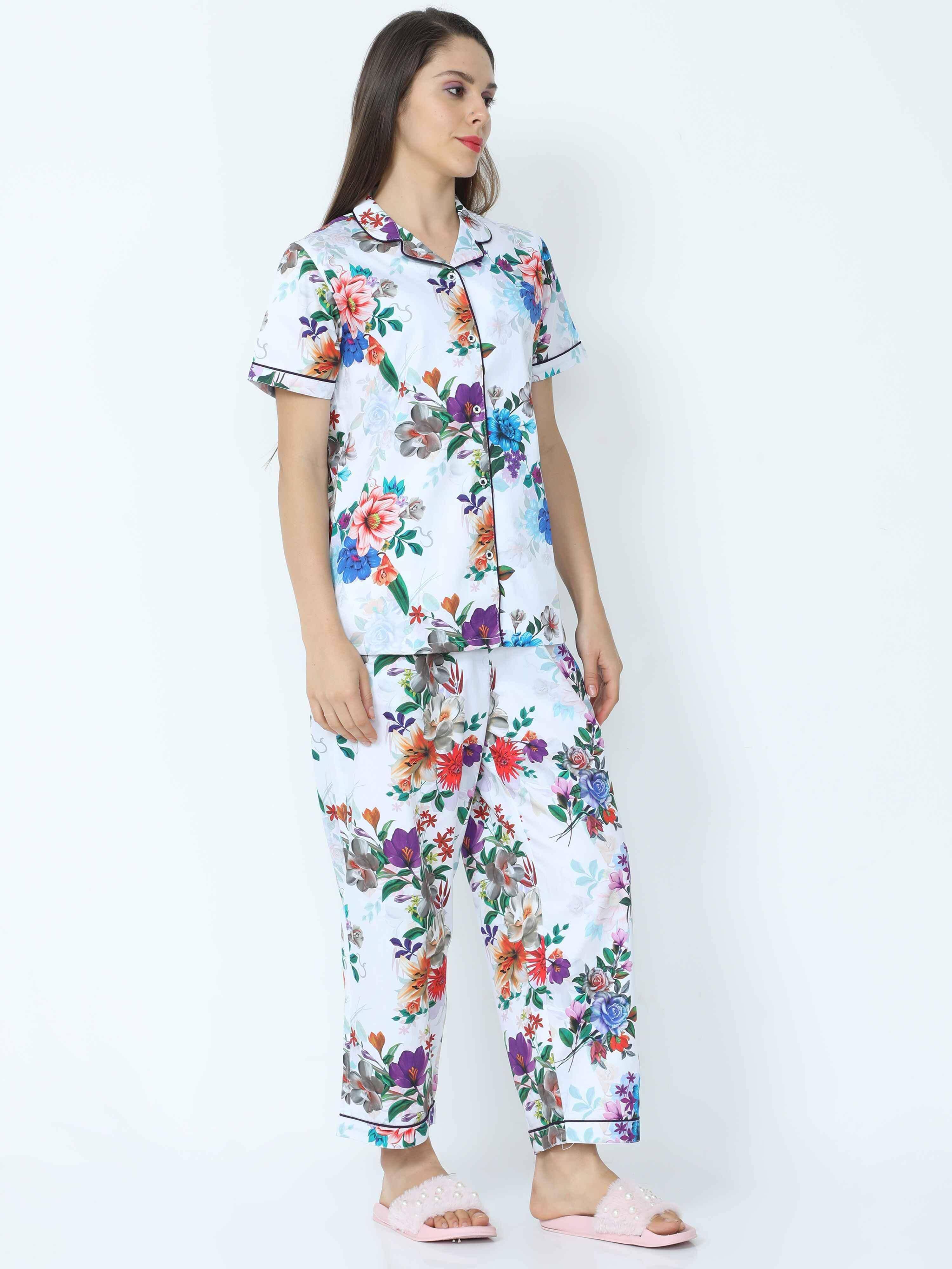 Shadow White Floral Printed Night Suit Set - Guniaa Fashions