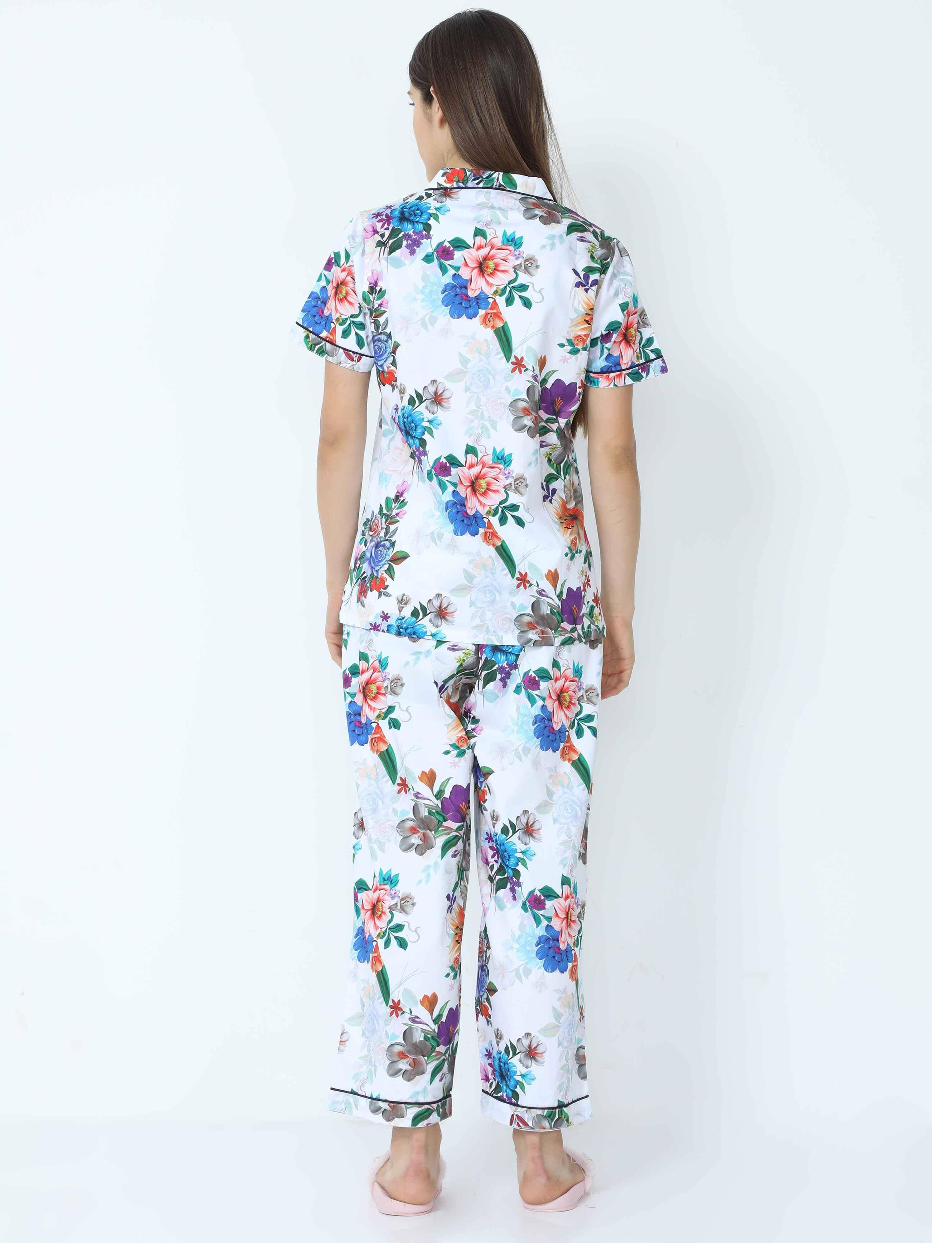 Shadow White Floral Printed Night Suit Set - Guniaa Fashions