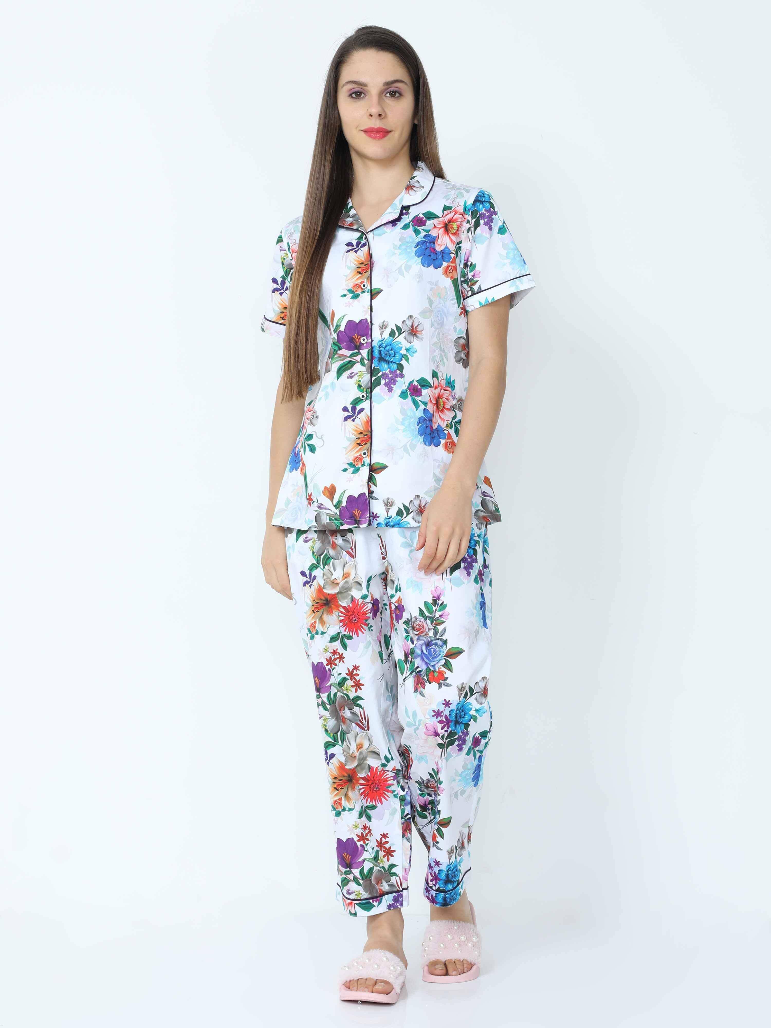 Shadow White Floral Printed Night Suit Set - Guniaa Fashions