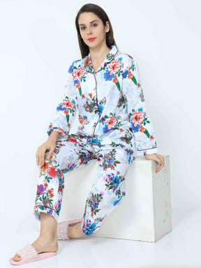 Shadow White Floral Printed Night Suit Set - Guniaa Fashions