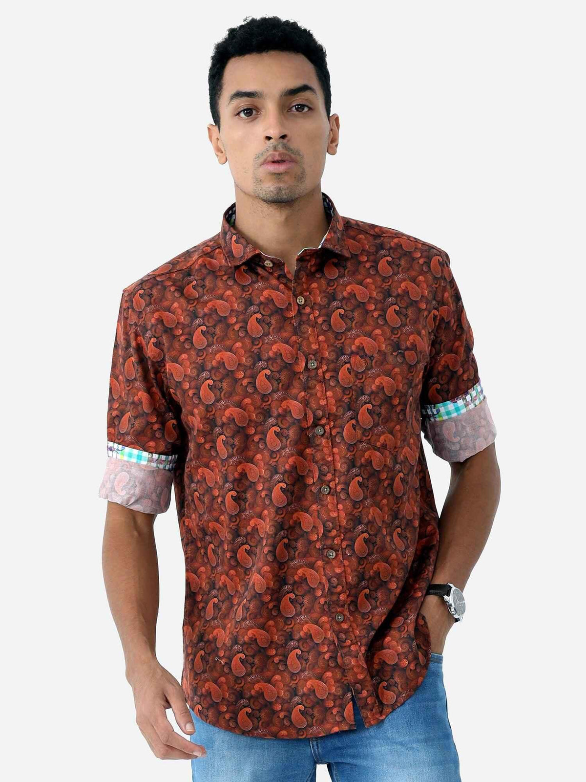 Tan Paisley Digital Printed Full Shirt - Guniaa Fashions