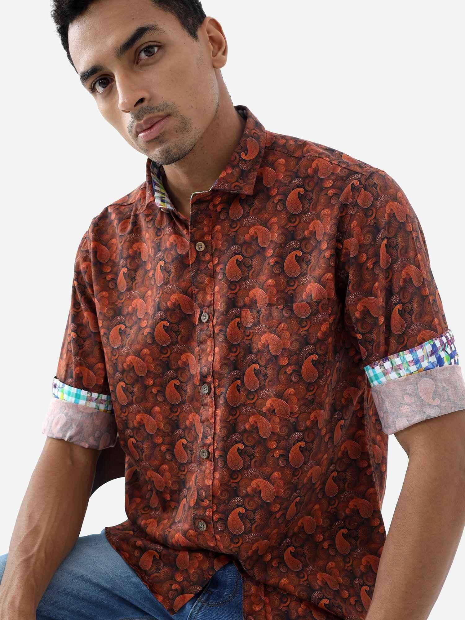 Tan Paisley Digital Printed Full Shirt - Guniaa Fashions