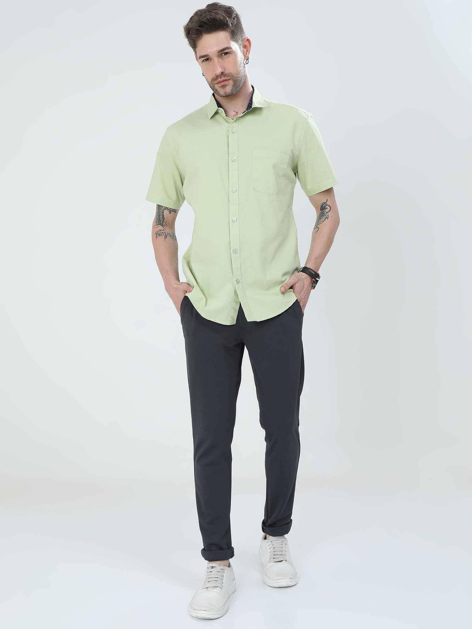 Tea Green Solid Half Sleeve Shirt - Guniaa Fashions