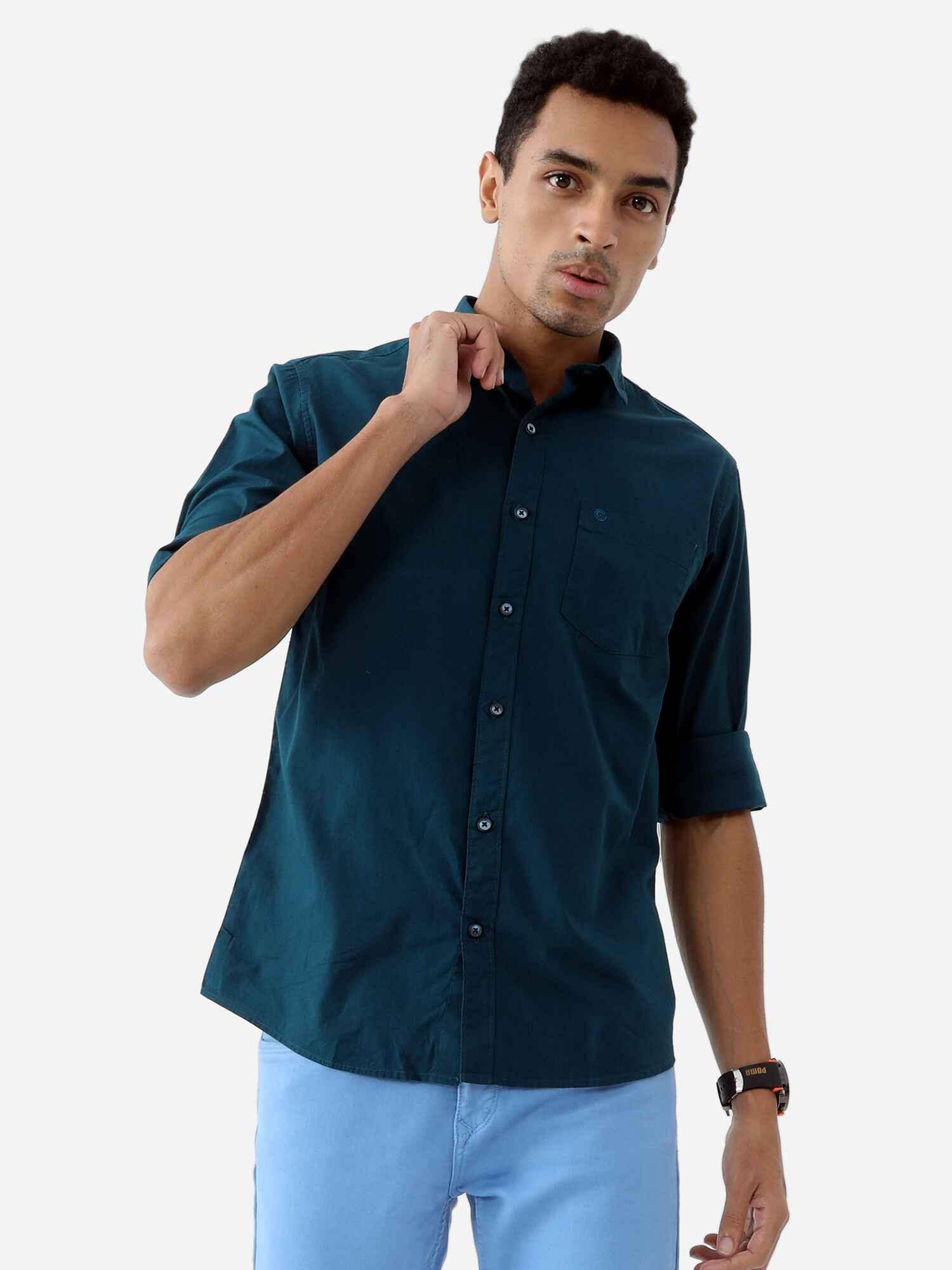 Teal Blue Solid Cotton Shirt Full Sleeve Shirt - Guniaa Fashions