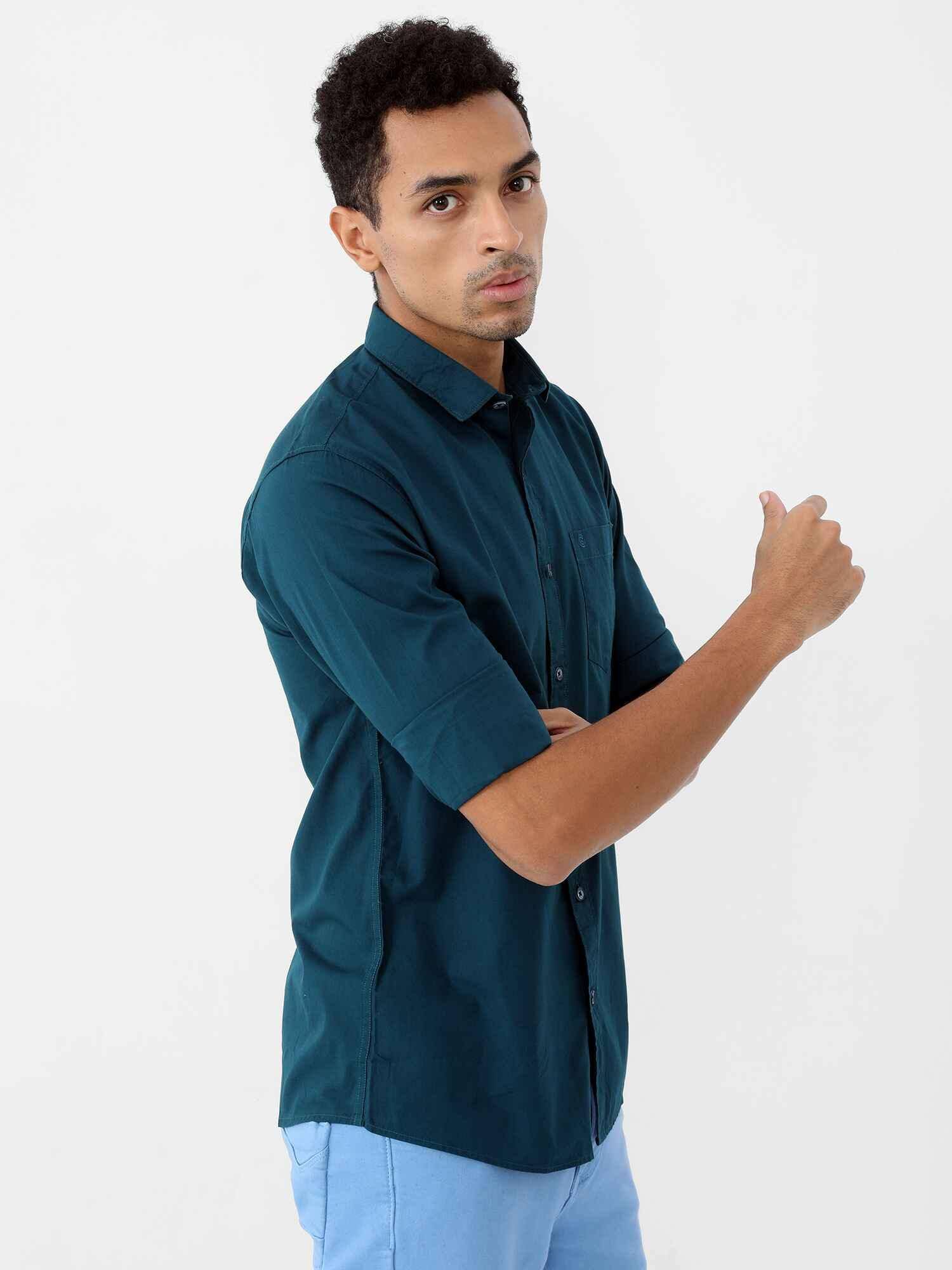 Teal Blue Solid Cotton Shirt Full Sleeve Shirt - Guniaa Fashions