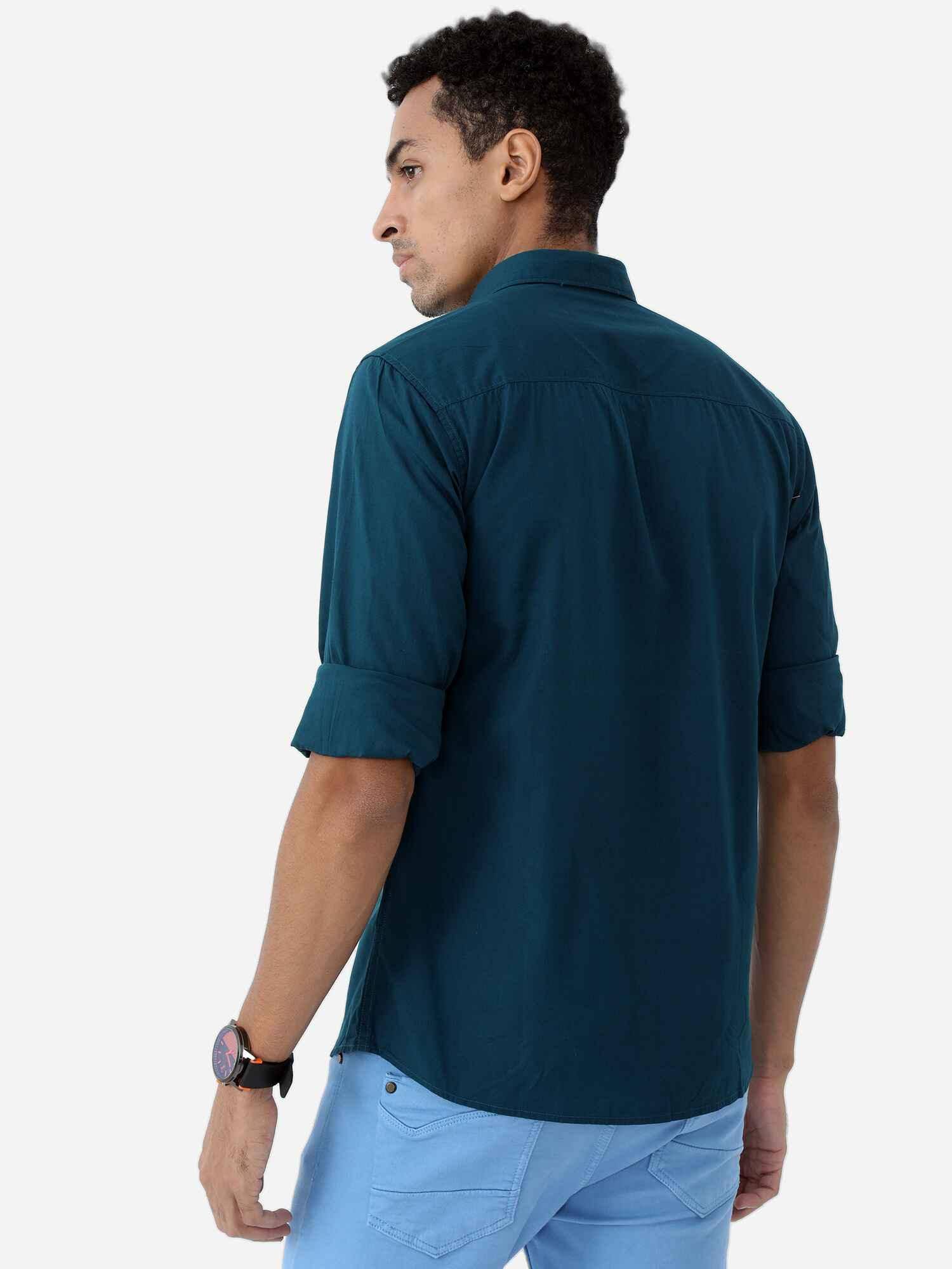 Teal Blue Solid Cotton Shirt Full Sleeve Shirt - Guniaa Fashions