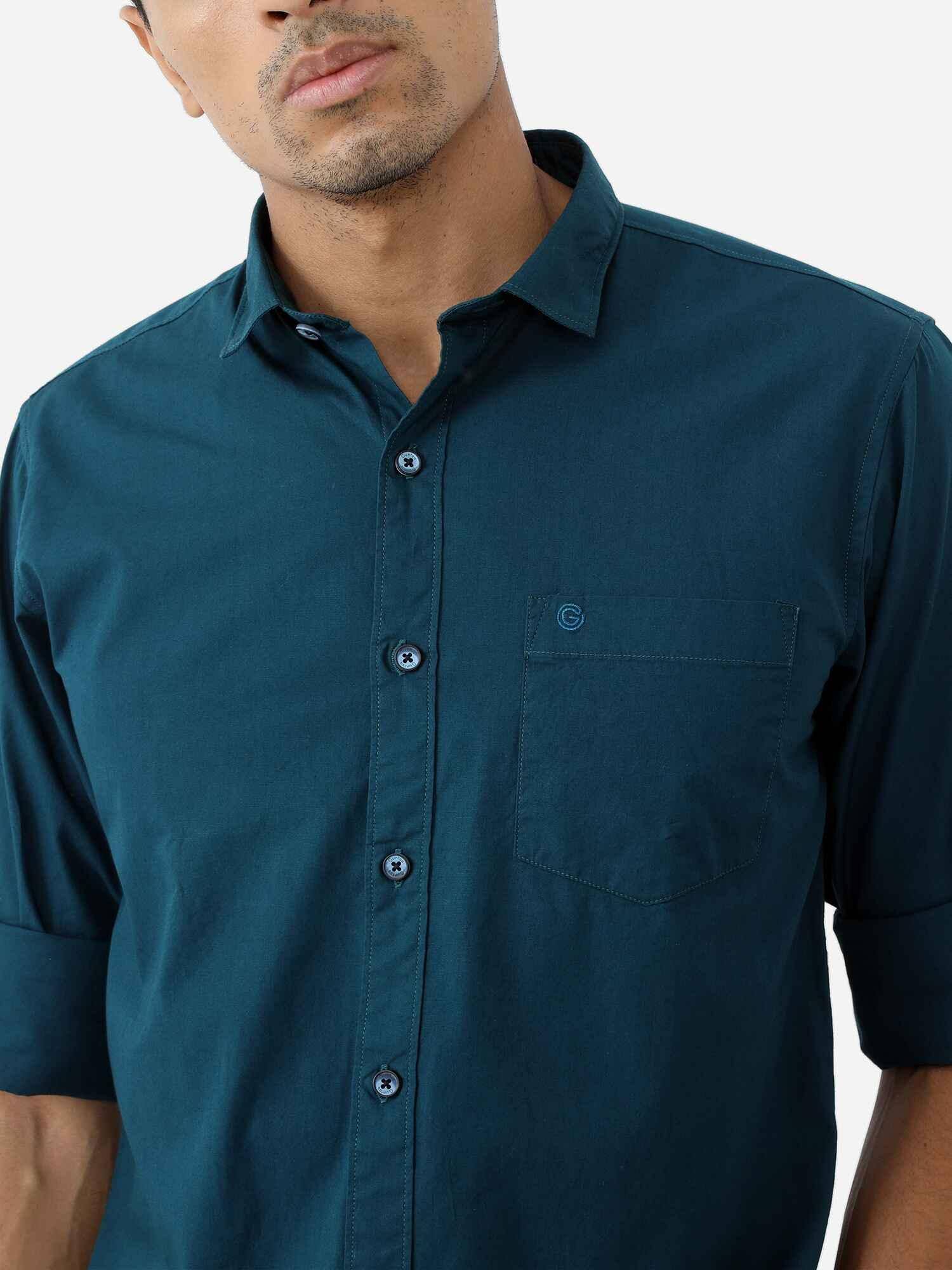 Teal Blue Solid Cotton Shirt Full Sleeve Shirt - Guniaa Fashions