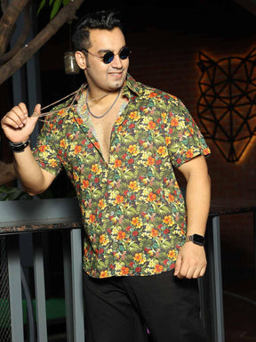 Tropical Floral Printed Party Wear Half Shirt Men's Plus Size - Guniaa Fashions