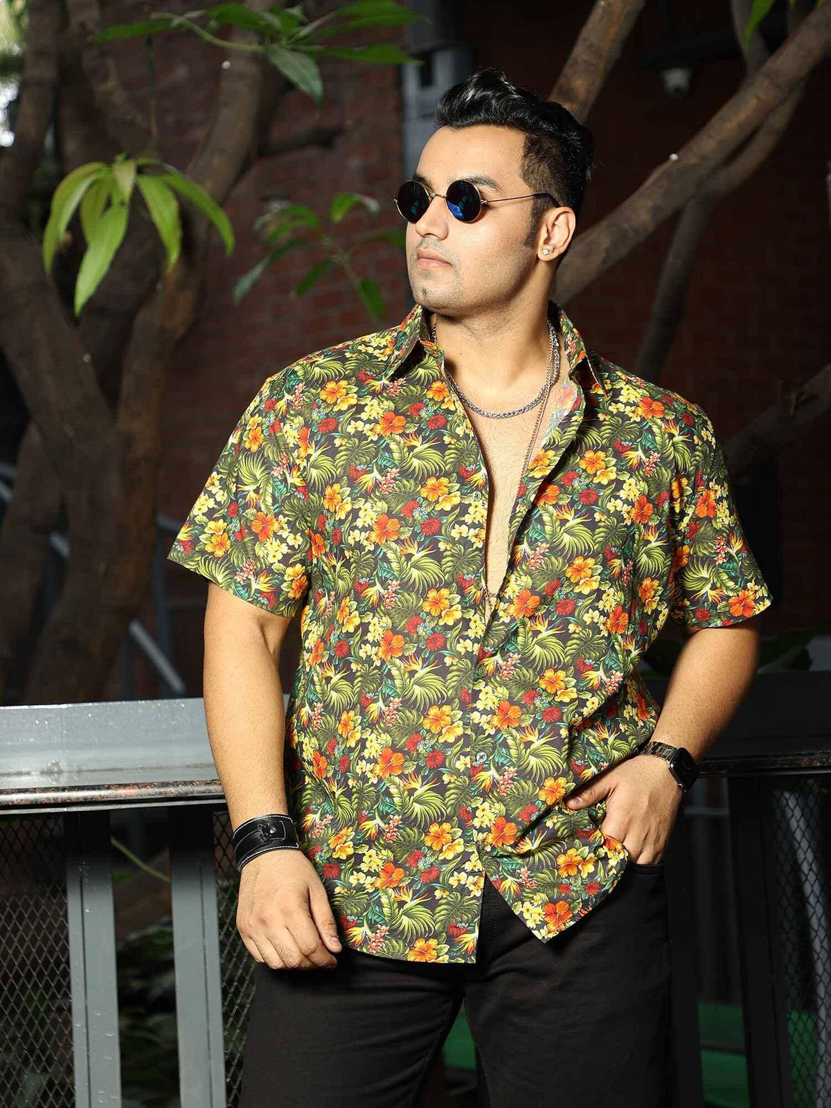 Tropical Floral Printed Party Wear Half Shirt Men's Plus Size XS